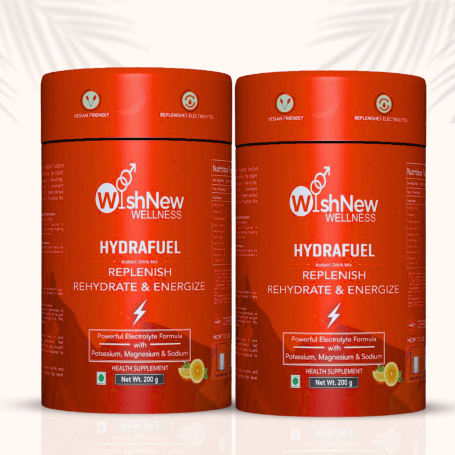 Product display image featuring two tubs of WishNew Wellness Hydrafuel (Tangy Orange flavor). Both tubs are bright red with white and orange accents, positioned side by side on a light background with soft palm leaf shadows in the corners. The packaging highlights key benefits: "Vegan Friendly," "Replenishes Electrolytes," and "Powerful Electrolyte Formula with Potassium, Magnesium & Sodium." Clean, professional presentation emphasizing hydration and energy support.