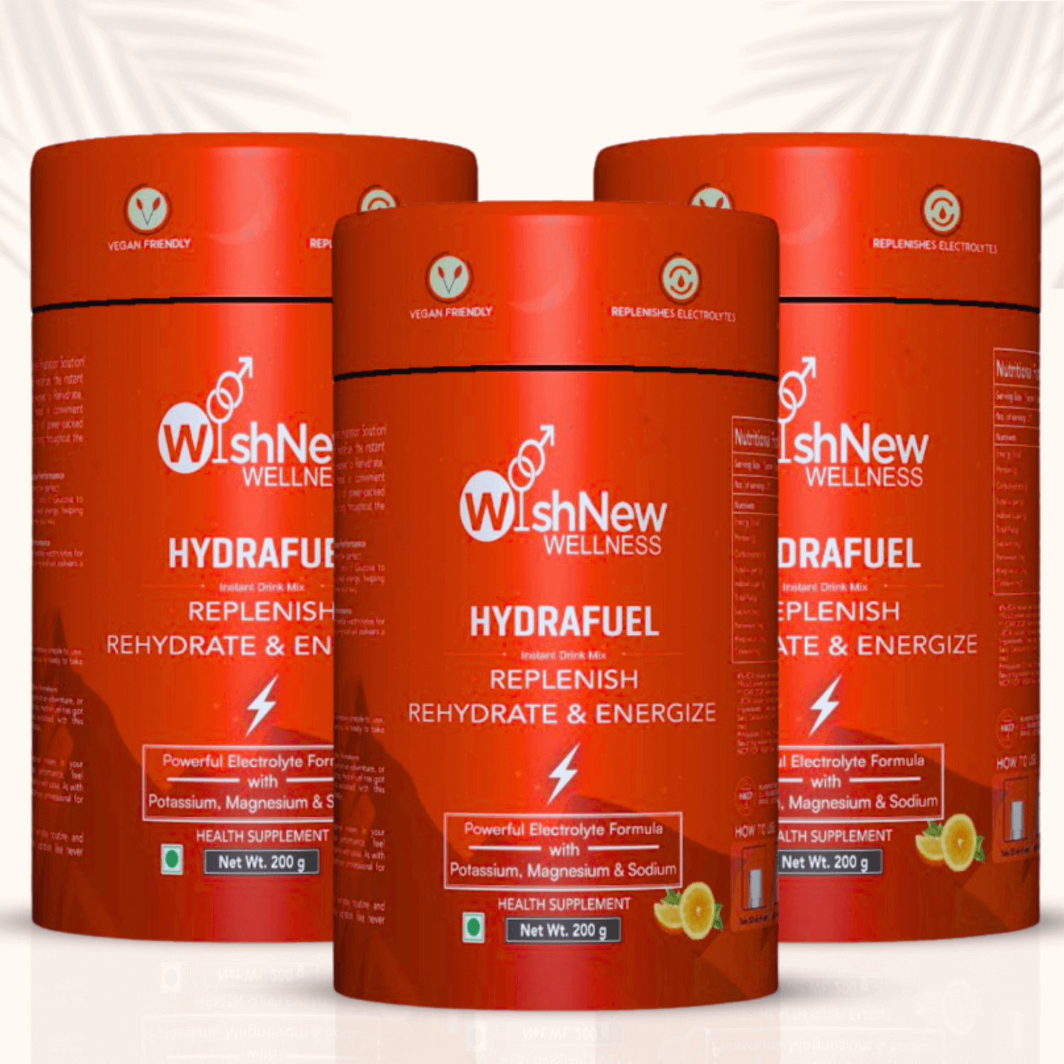 Product showcase image of three tubs of WishNew Wellness Hydrafuel (Tangy Orange flavor). All tubs are bright red with prominent white and orange graphics, arranged in a visually striking triangular layout. Packaging highlights include “Vegan Friendly” and “Replenishes Electrolytes” icons, and the formula details: "Powerful Electrolyte Formula with Potassium, Magnesium & Sodium." The background features soft palm leaf shadows, giving a fresh, clean, and energetic vibe suitable for wellness or hydration-focu