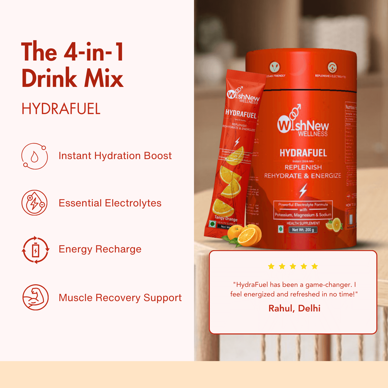 Hydrafuel 4-in-1 Drink Mix product highlight. Features Tangy Orange flavor pack with benefits: Instant Hydration Boost, Essential Electrolytes, Energy Recharge, and Muscle Recovery Support. Includes customer testimonial: 'HydraFuel has been a game-changer. I feel energized and refreshed in no time!' - Rahul, Delhi.