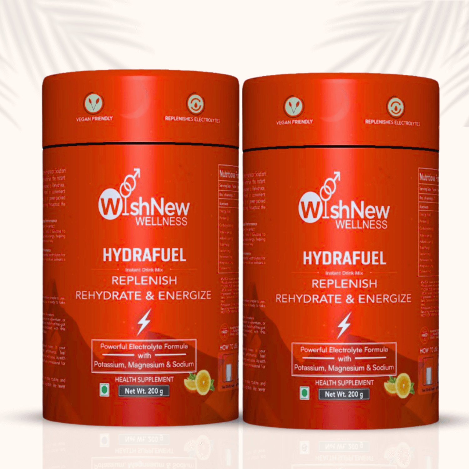 Image of two WishNew Wellness Hydrafuel Tangy Orange flavor containers. The product highlights include 'Replenish, Rehydrate & Energize' with a powerful electrolyte formula containing Potassium, Magnesium, and Sodium. Each container is 200g and features 'Vegan Friendly' and 'Replenishes Electrolytes' badges.