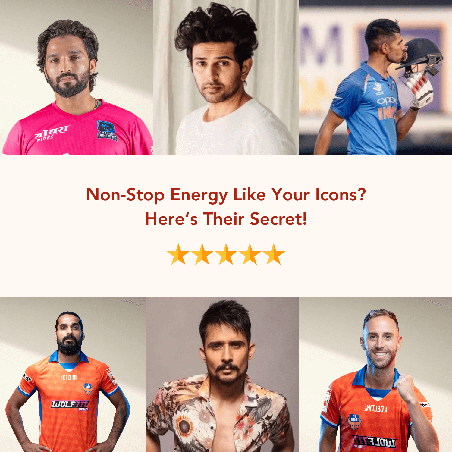 Collage of six icons from various sports and professions with the caption 'Non-Stop Energy Like Your Icons? Here’s Their Secret!' followed by a five-star rating, promoting WishNew Wellness Hydrafuel.