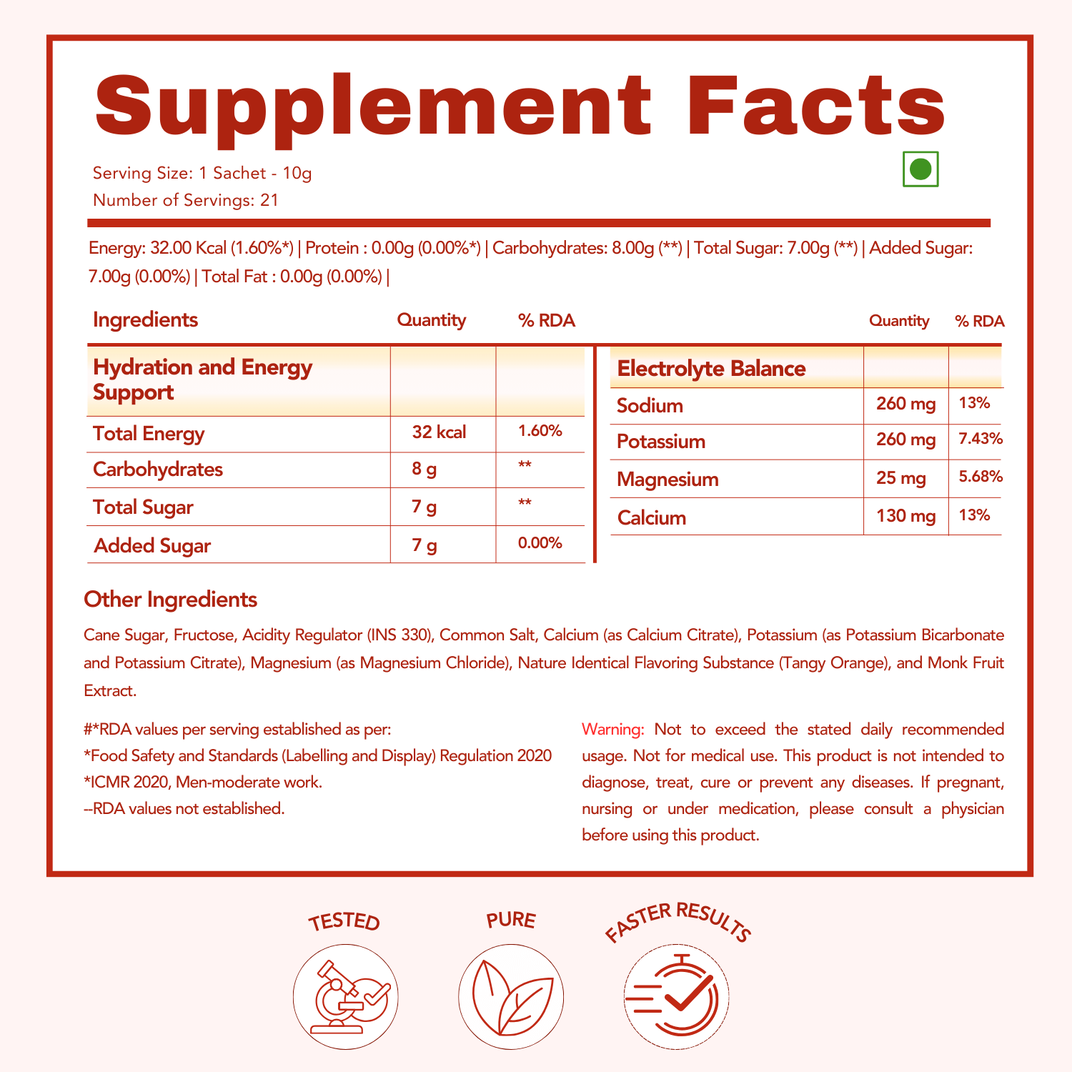 Supplement Facts for WishNew Wellness Hydrafuel Tangy Orange: Serving Size - 1 sachet (10g), Servings - 21. Provides Hydration and Energy Support with 32 kcal, 8g carbohydrates, and 7g sugar per serving. Electrolyte Balance: 260 mg Sodium (13% RDA), 260 mg Potassium (7.43% RDA), 25 mg Magnesium (5.68% RDA), 130 mg Calcium (13% RDA). Other Ingredients: Cane sugar, fructose, acidity regulator, salts, natural flavors, and monk fruit extract. Tested, Pure, and Faster Results.