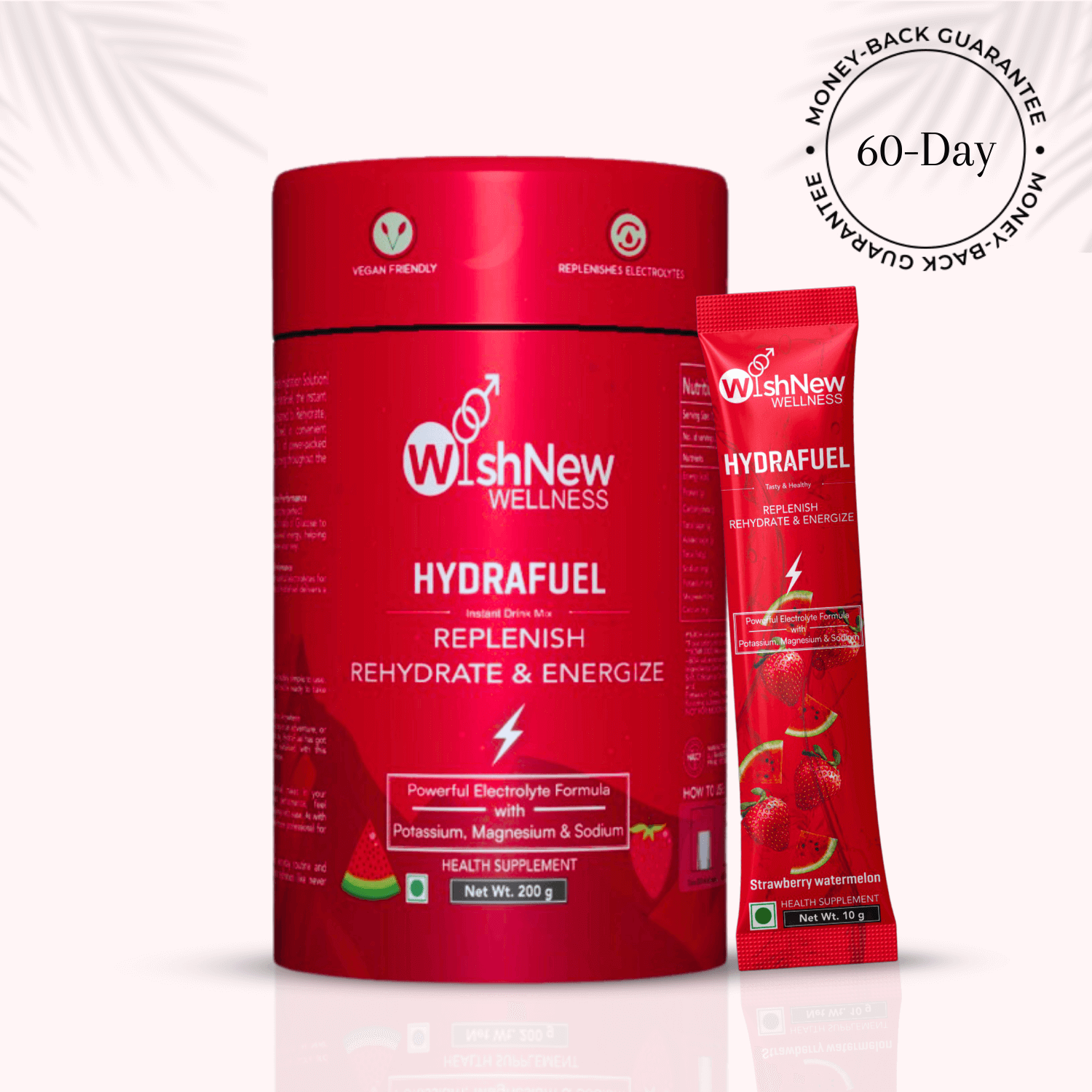 Product image of WishNew Wellness Hydrafuel supplement featuring a large red canister and a single-serve sachet. The packaging highlights "Replenish, Rehydrate & Energize" with a powerful electrolyte formula containing potassium, magnesium, and sodium. Icons indicate vegan friendly and replenishes electrolytes. A "60-Day Money-Back Guarantee" badge appears in the upper right corner. Light pink background with subtle palm leaf shadows.
