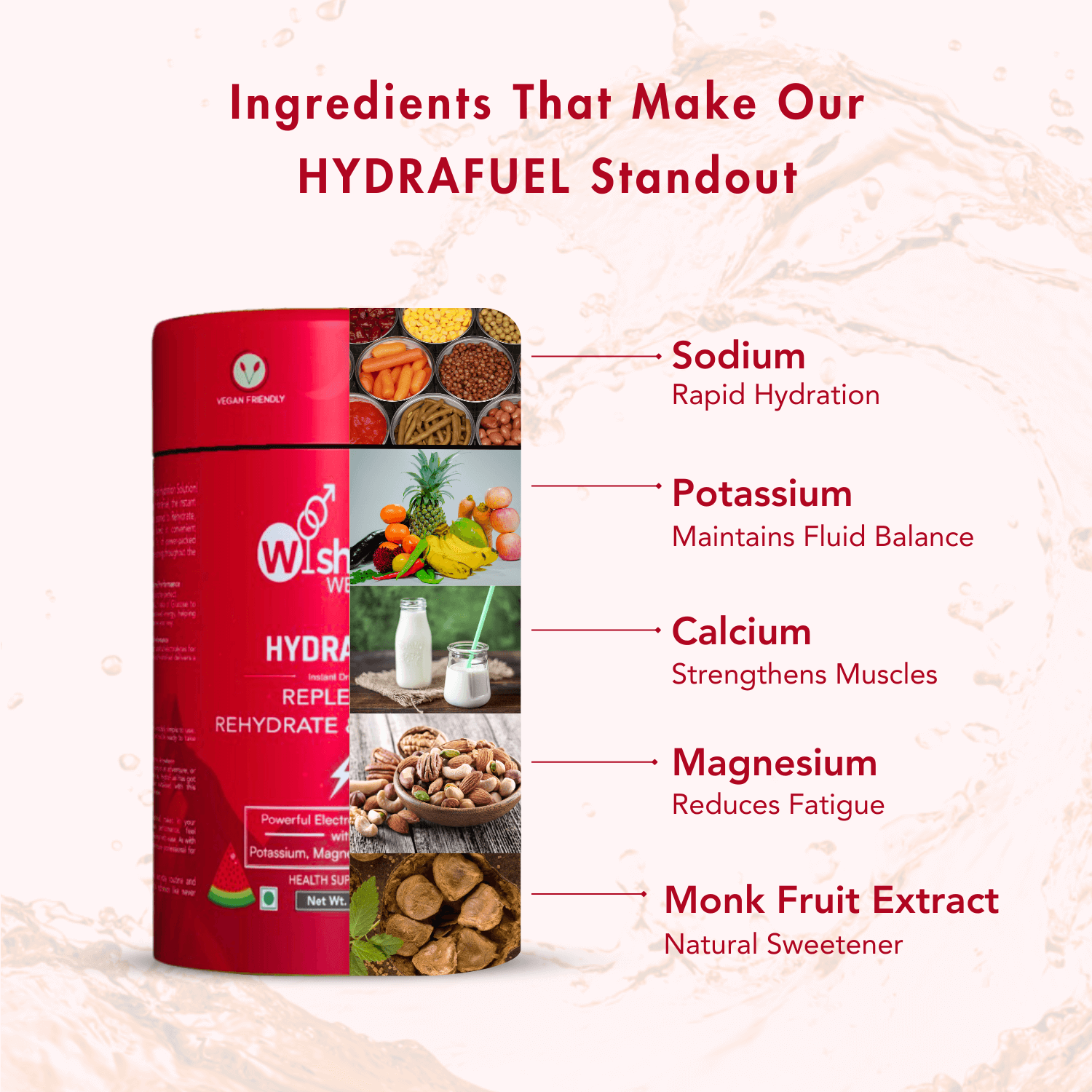 Ingredient spotlight graphic for WishNew Hydrafuel. The left side features a Hydrafuel canister overlaid with images of sodium-rich foods, fruits (potassium), dairy (calcium), nuts (magnesium), and monk fruit. The right side lists each key ingredient with its benefit: sodium (rapid hydration), potassium (maintains fluid balance), calcium (strengthens muscles), magnesium (reduces fatigue), and monk fruit extract (natural sweetener). The design has a clean background with a subtle water splash effect.