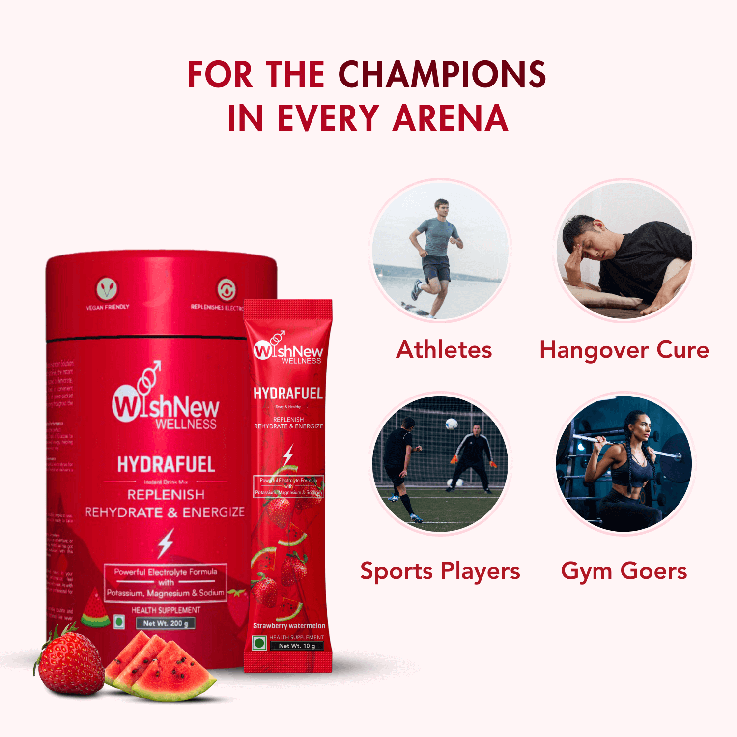 Promotional graphic for WishNew Hydrafuel supplement, featuring a large red canister and a sachet with strawberries and watermelon. Headline reads "For the Champions in Every Arena." Four circular images show recommended users: athletes, hangover cure, sports players, and gym goers. Light background with bold red text and accents.