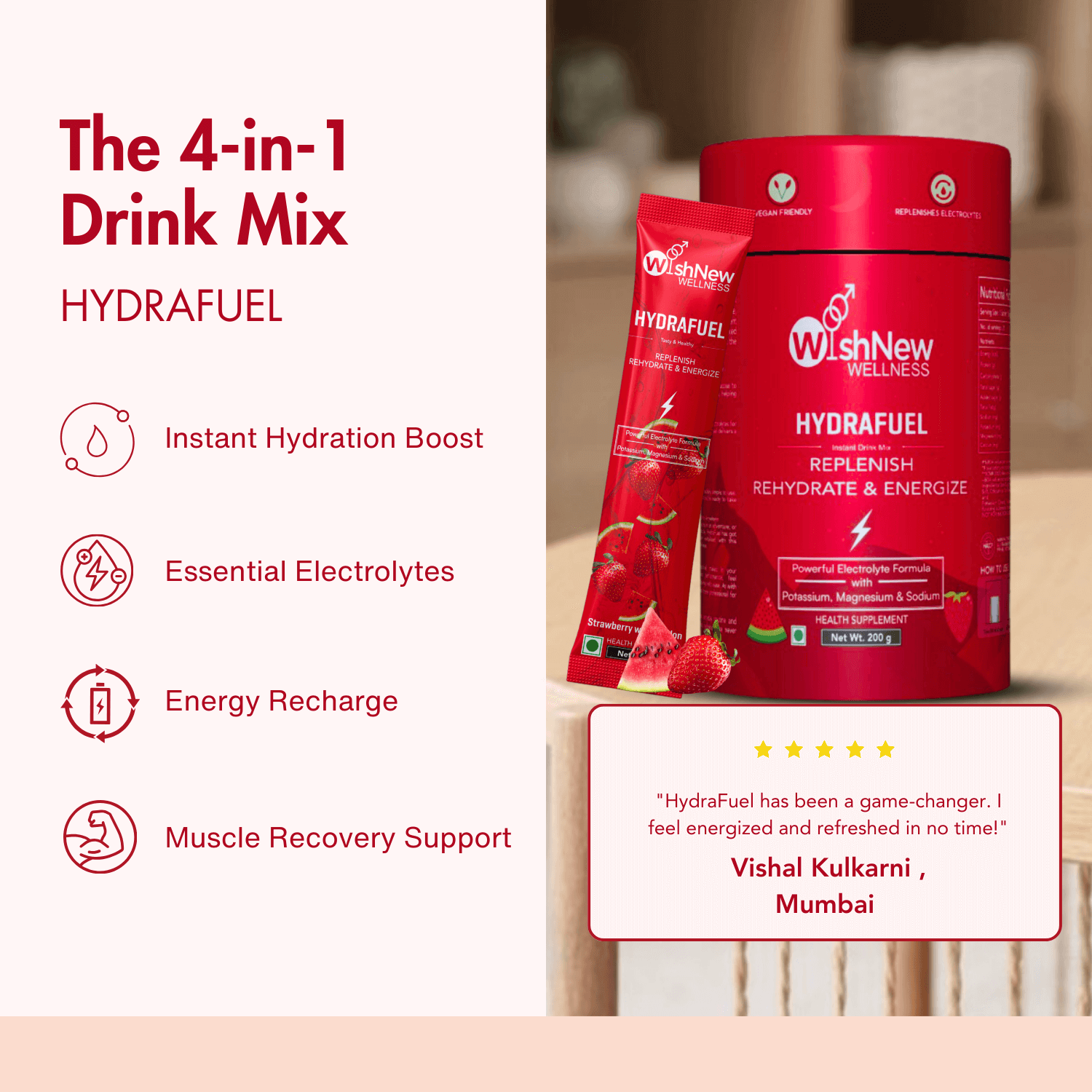 Promotional graphic for WishNew Hydrafuel, a 4-in-1 drink mix. Left side lists key benefits with icons: instant hydration boost, essential electrolytes, energy recharge, and muscle recovery support. Right side shows a Hydrafuel canister and sachet with strawberries, along with a customer testimonial from Vishal Kulkarni, Mumbai: "HydraFuel has been a game-changer. I feel energized and refreshed in no time!" Clean, modern design with red accents.