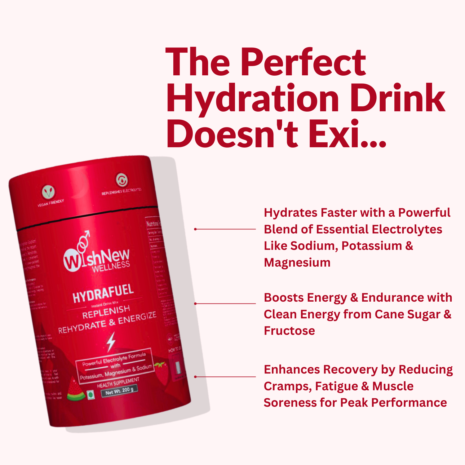 Promotional graphic for WishNew Hydrafuel hydration drink. On the left is a tilted Hydrafuel canister. On the right, bold red text reads, "The Perfect Hydration Drink Doesn't Exi..." with three benefits: hydrates faster with essential electrolytes (sodium, potassium, magnesium), boosts energy & endurance with clean energy from cane sugar & fructose, and enhances recovery by reducing cramps, fatigue, and muscle soreness for peak performance. Clean layout with a light background and strong red accents.