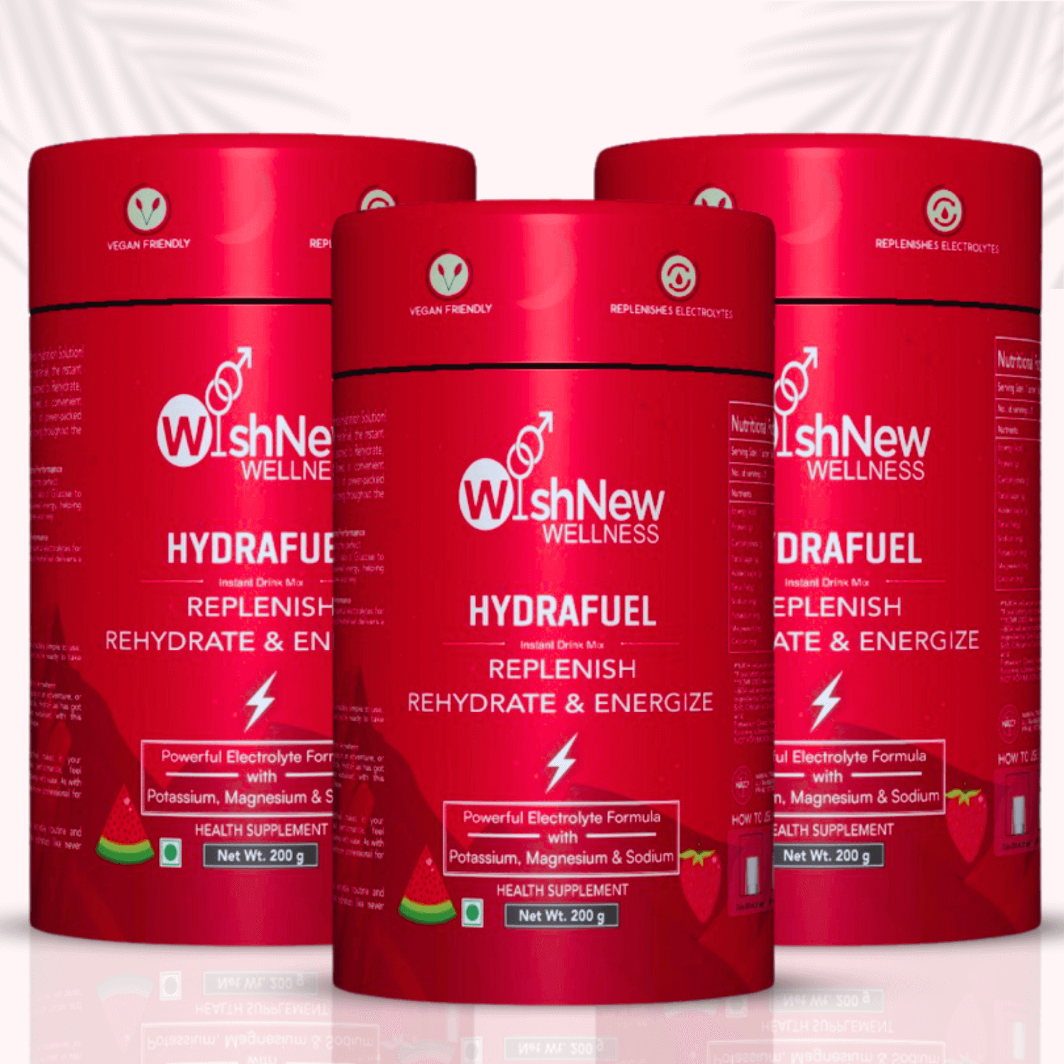 Product image featuring three containers of WishNew Wellness Hydrafuel arranged in a triangular formation. All bright red canisters display the label "Hydrafuel – Replenish, Rehydrate & Energize" with a focus on a powerful electrolyte formula containing potassium, magnesium, and sodium. Icons highlight that the product is vegan friendly and replenishes electrolytes. Light background with subtle palm leaf patterns.