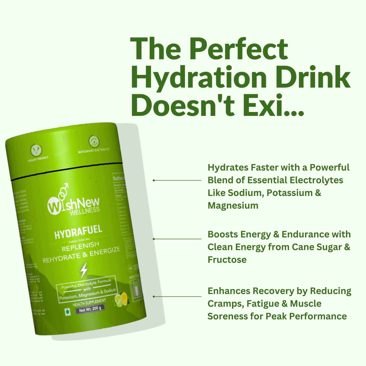 Promotional graphic for WishNew Wellness Hydrafuel (Lime & Lemon, green variant) with the headline "The Perfect Hydration Drink Doesn't Exi..." On the left, the green Hydrafuel canister is tilted and features icons for "Vegan Friendly" and "Replenishes Electrolytes." On the right, three main benefits are listed:

Hydrates faster with a powerful blend of essential electrolytes like sodium, potassium, and magnesium