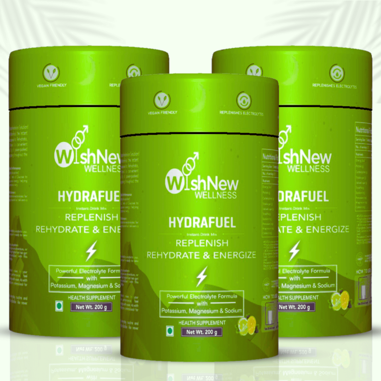 Image featuring three containers of WishNew Wellness Hydrafuel (Lime & Lemon flavor, green variant) arranged in a staggered, overlapping formation. Each canister displays the bright green Hydrafuel branding, labeled as an instant drink mix to "Replenish, Rehydrate & Energize." The packaging highlights a "Powerful Electrolyte Formula with Potassium, Magnesium & Sodium," along with "Vegan Friendly" and "Replenishes Electrolytes" icons. A small lemon and lime image appears near the bottom of each container. Th