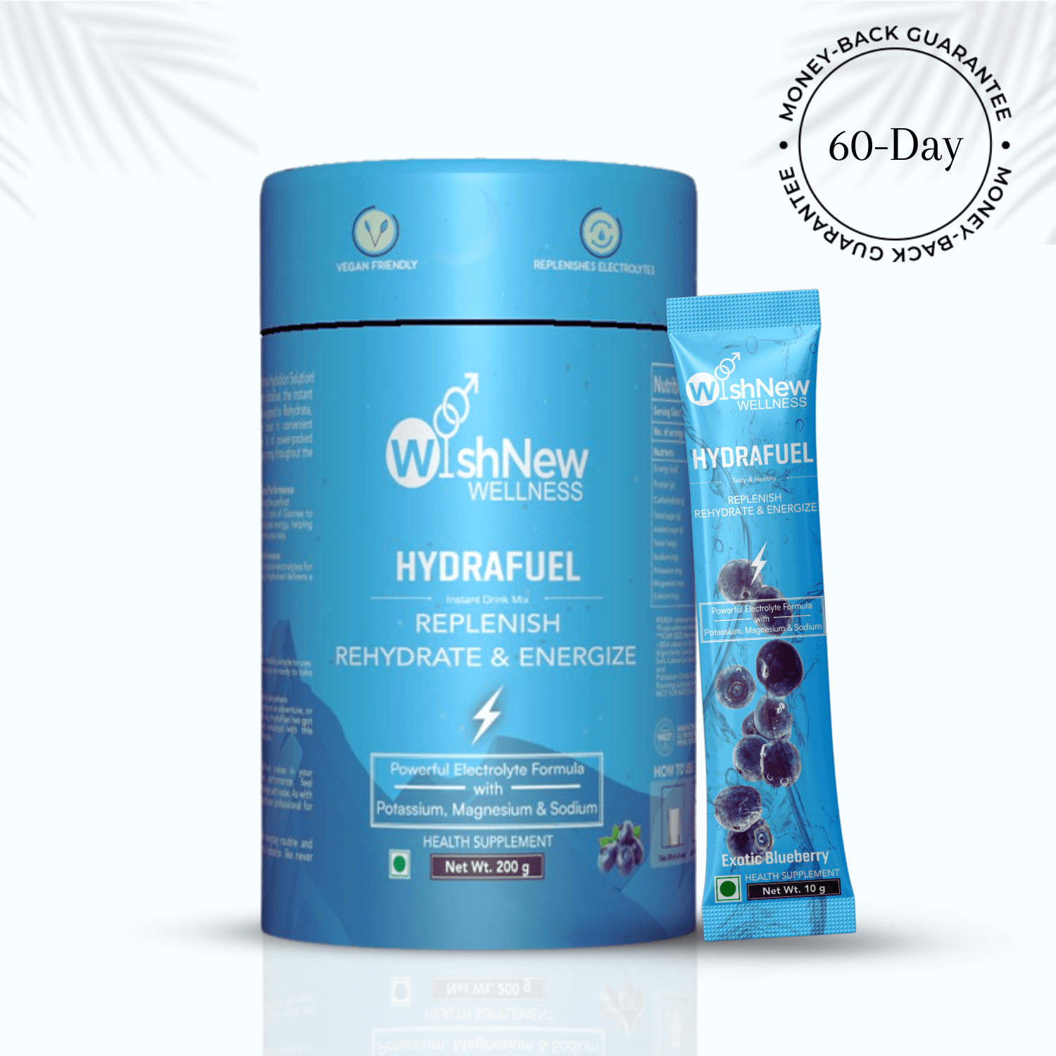 Image showcasing WishNew Wellness Hydrafuel in Exotic Blueberry flavor. Features the blue container and a single-serve sachet. Highlights the benefits: 'Replenish, Rehydrate & Energize' with a powerful electrolyte formula containing potassium, magnesium, and sodium. Icons indicate the product is vegan-friendly and replenishes electrolytes. Includes a '60-Day Money-Back Guarantee' badge on a clean white background with subtle palm leaf shadows.