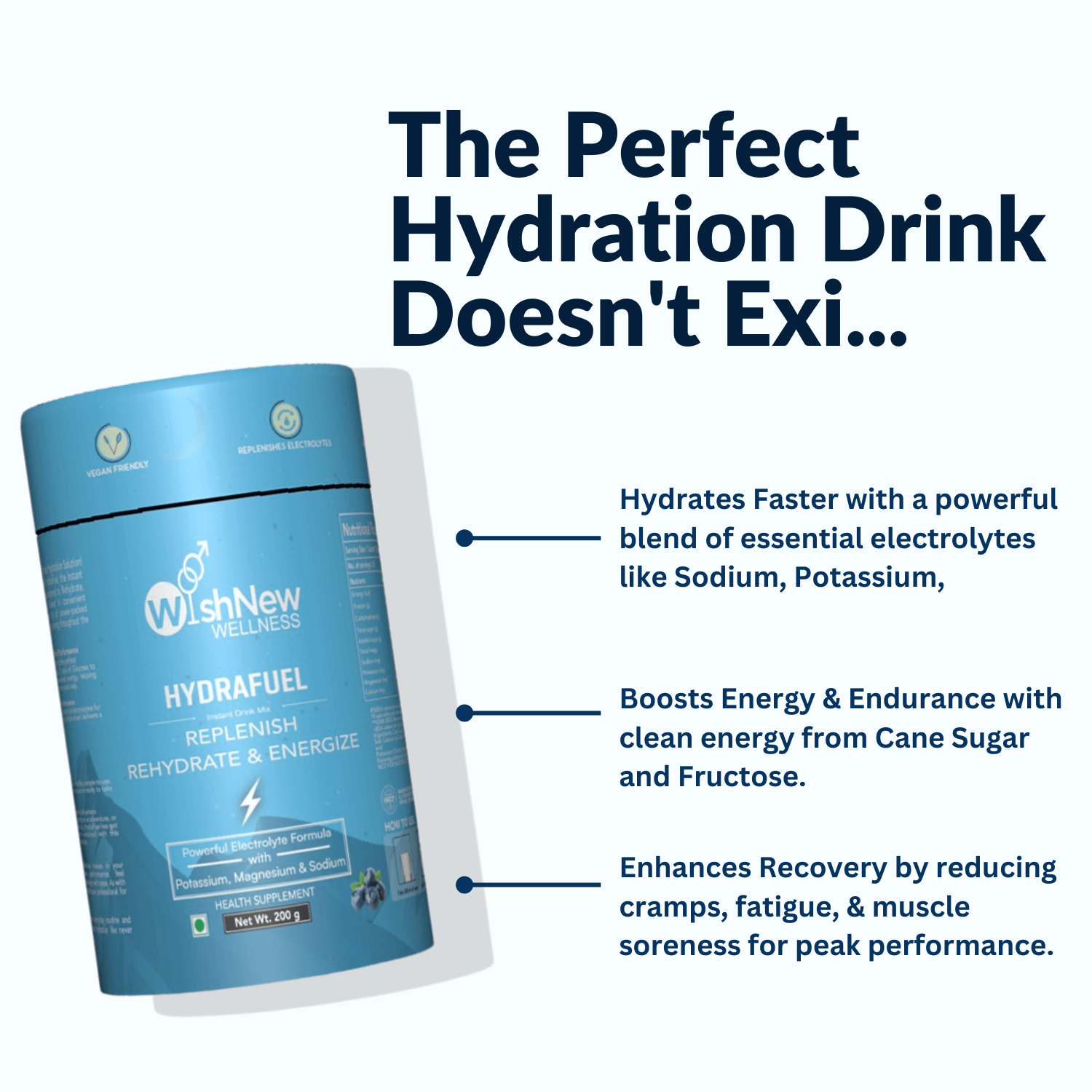 Promotional graphic for WishNew Wellness Hydrafuel with the playful tagline 'The Perfect Hydration Drink Doesn't Exi...' Features the product packaging on the left with key benefits listed on the right: Hydrates Faster with essential electrolytes like Sodium and Potassium, Boosts Energy & Endurance with clean energy from Cane Sugar and Fructose, and Enhances Recovery by reducing cramps, fatigue, and muscle soreness for peak performance. Set against a clean white background with bold blue text.