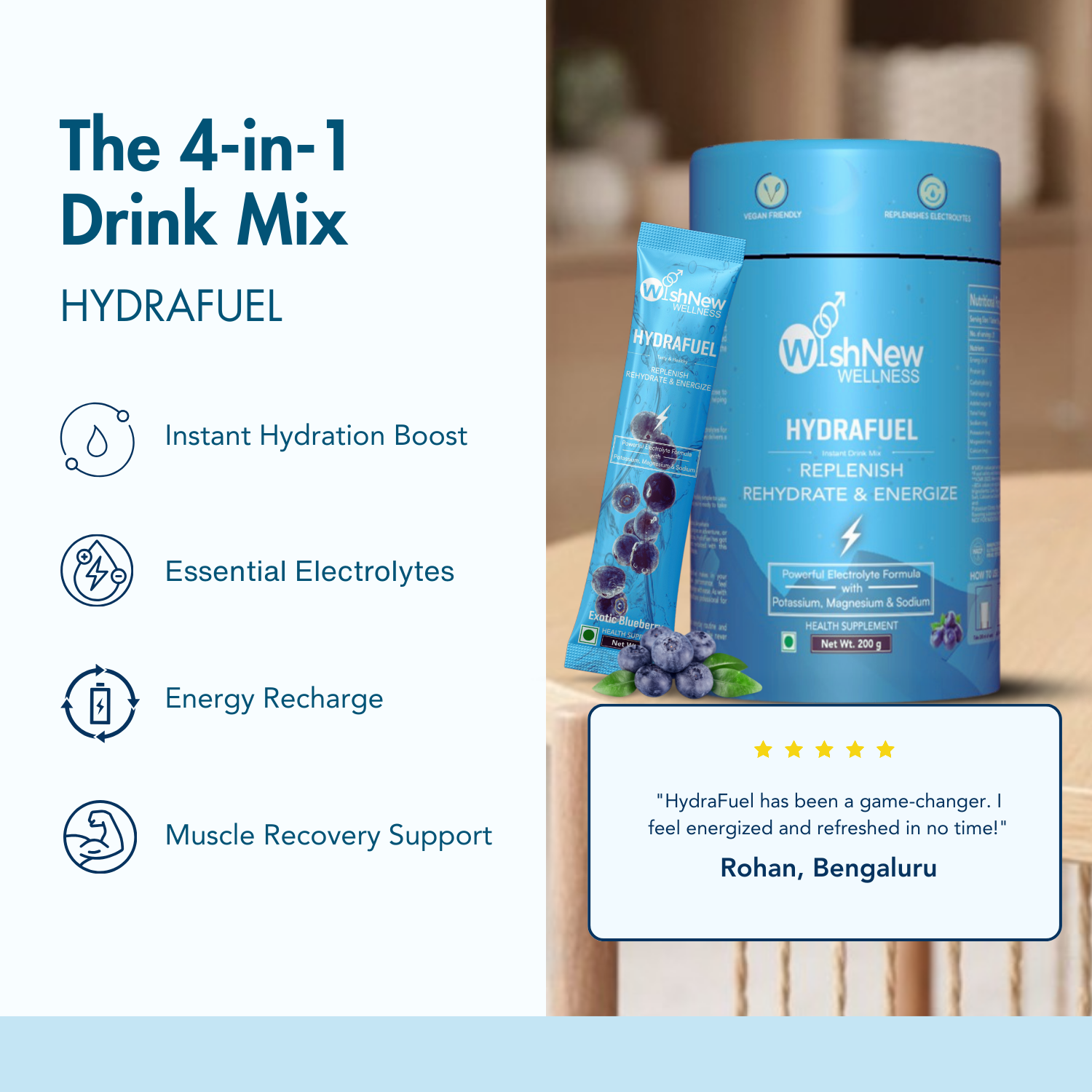 Stay refreshed with Hydrafuel - your 4-in-1 drink mix for hydration, electrolytes, energy boost, and muscle recovery. Trusted by Rohan from Bengaluru for instant rejuvenation!