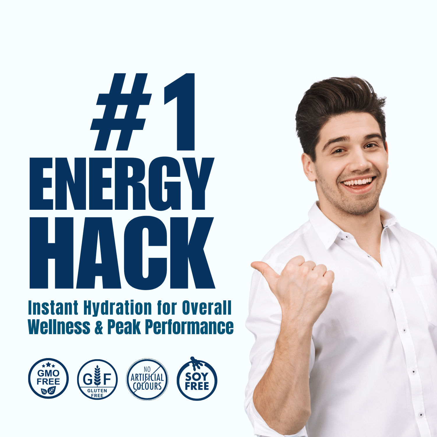 Infographic featuring the tagline '#1 Energy Hack' with the subtext 'Instant Hydration for Overall Wellness & Peak Performance.' Includes a smiling man in a white shirt giving a thumbs-up gesture on the right. Icons at the bottom highlight product features: GMO-Free, Gluten-Free, No Artificial Colors, and Soy-Free. The design uses a clean white background and bold blue text to emphasize energy and wellness.