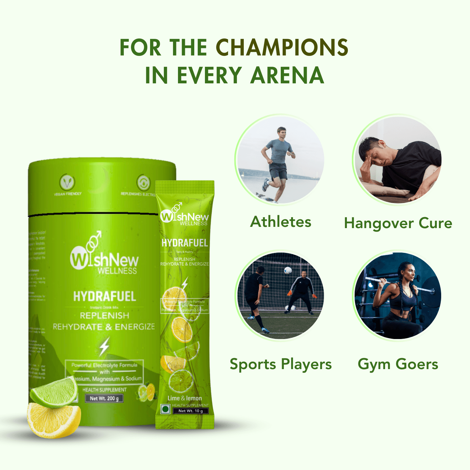 Infographic showcasing WishNew Wellness Hydrafuel in Exotic Blueberry flavor with the tagline 'For the Champions in Every Arena.' Features the product packaging and sachet on the left, and circular images representing its uses for Athletes, as a Hangover Cure, Sports Players, and Gym Goers. The design emphasizes hydration and performance on a clean white background with bold blue text.