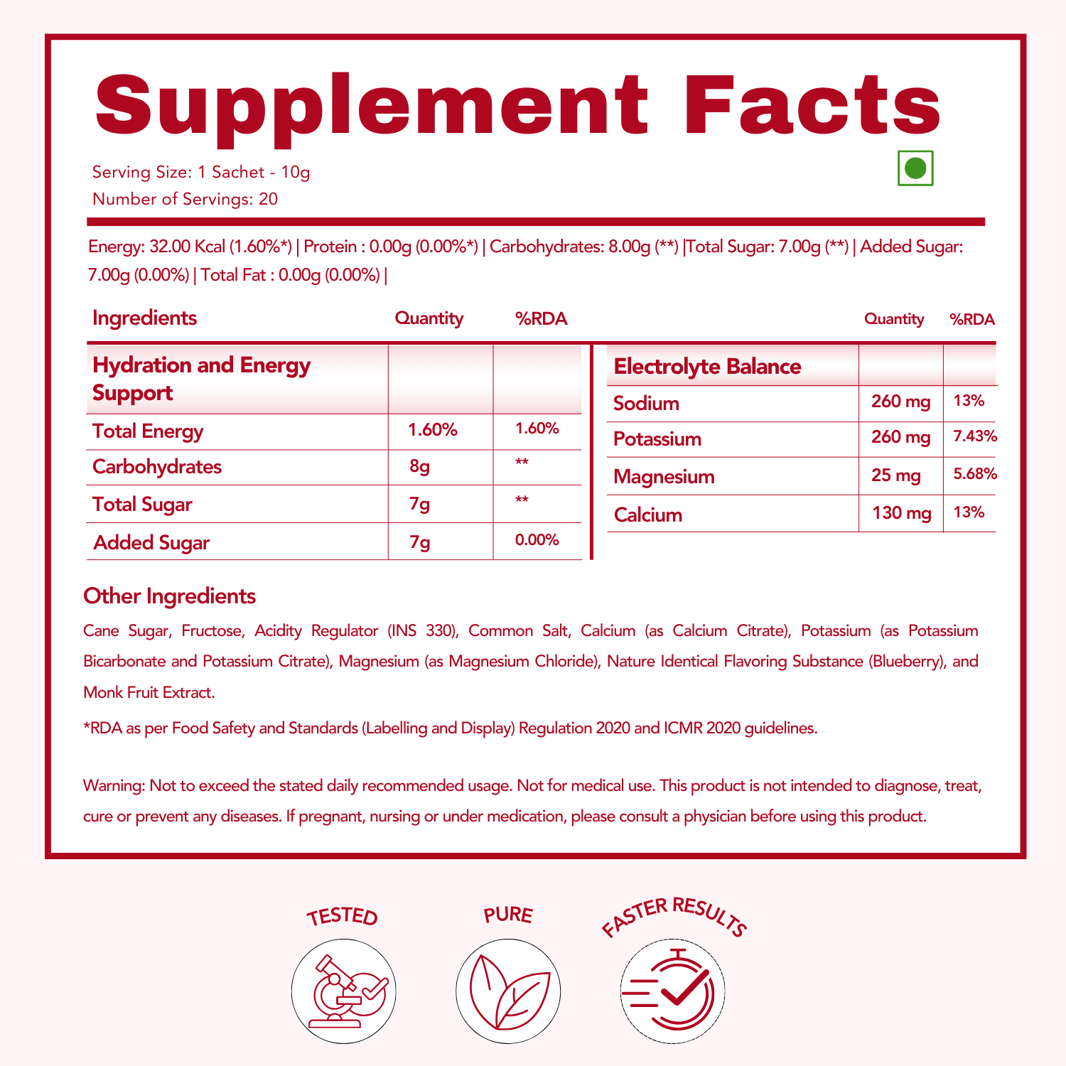 Supplement Facts table for WishNew Wellness Hydrafuel. Includes details on serving size (1 sachet, 10g) and number of servings (20). Nutritional information highlights Hydration and Energy Support with Total Energy, Carbohydrates, Total Sugar, and Added Sugar, alongside Electrolyte Balance with Sodium, Potassium, Magnesium, and Calcium. Other ingredients include Cane Sugar, Fructose, Acidity Regulator, and Monk Fruit Extract. Disclaimer states the product is not for medical use and advises consulting a phys