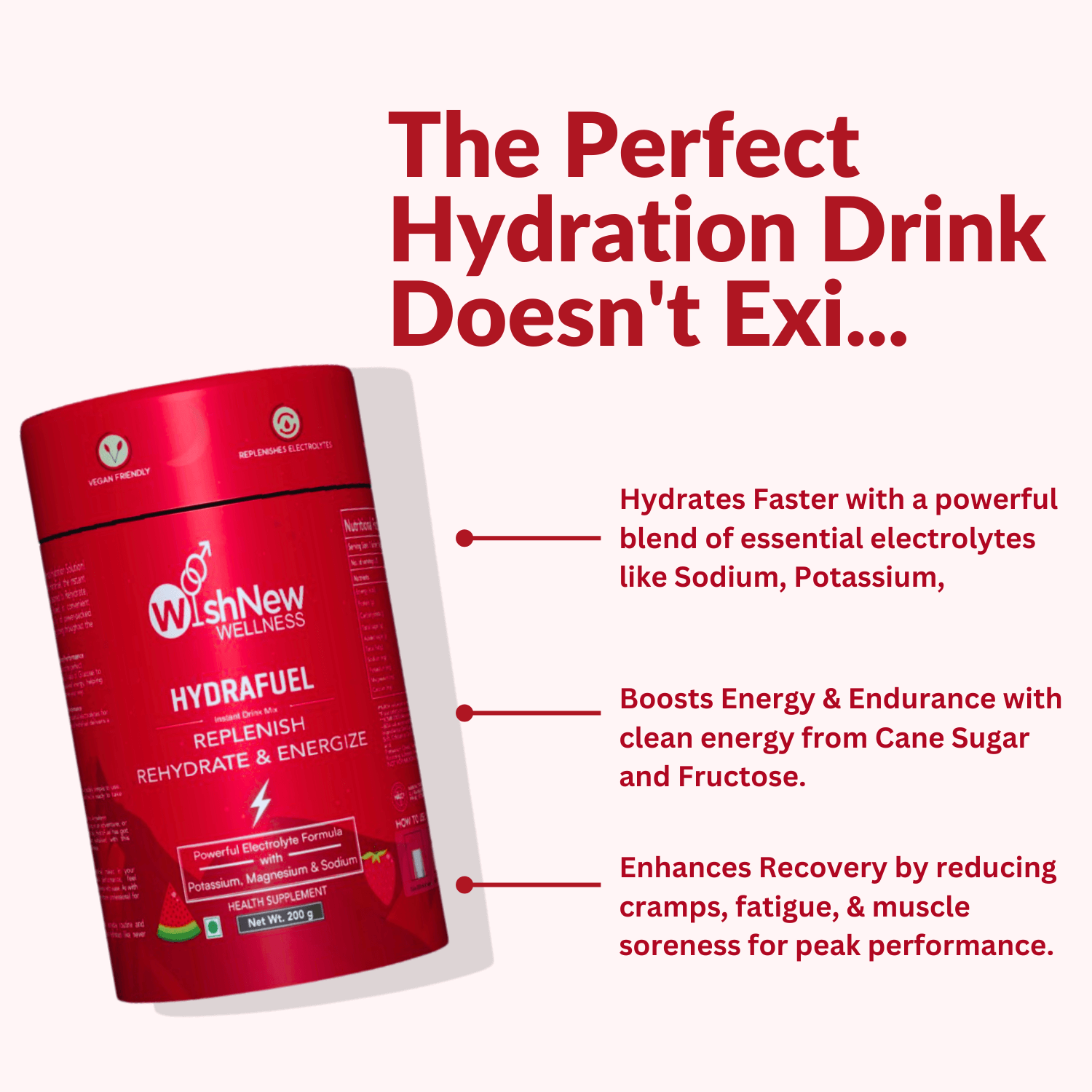 Promotional graphic for WishNew Wellness Hydrafuel with the playful tagline 'The Perfect Hydration Drink Doesn't Exi...' Features the product packaging on the left with key benefits listed on the right: Hydrates Faster with essential electrolytes like Sodium and Potassium, Boosts Energy & Endurance with clean energy from Cane Sugar and Fructose, and Enhances Recovery by reducing cramps, fatigue, and muscle soreness for peak performance. Set against a clean white background with bold blue text.