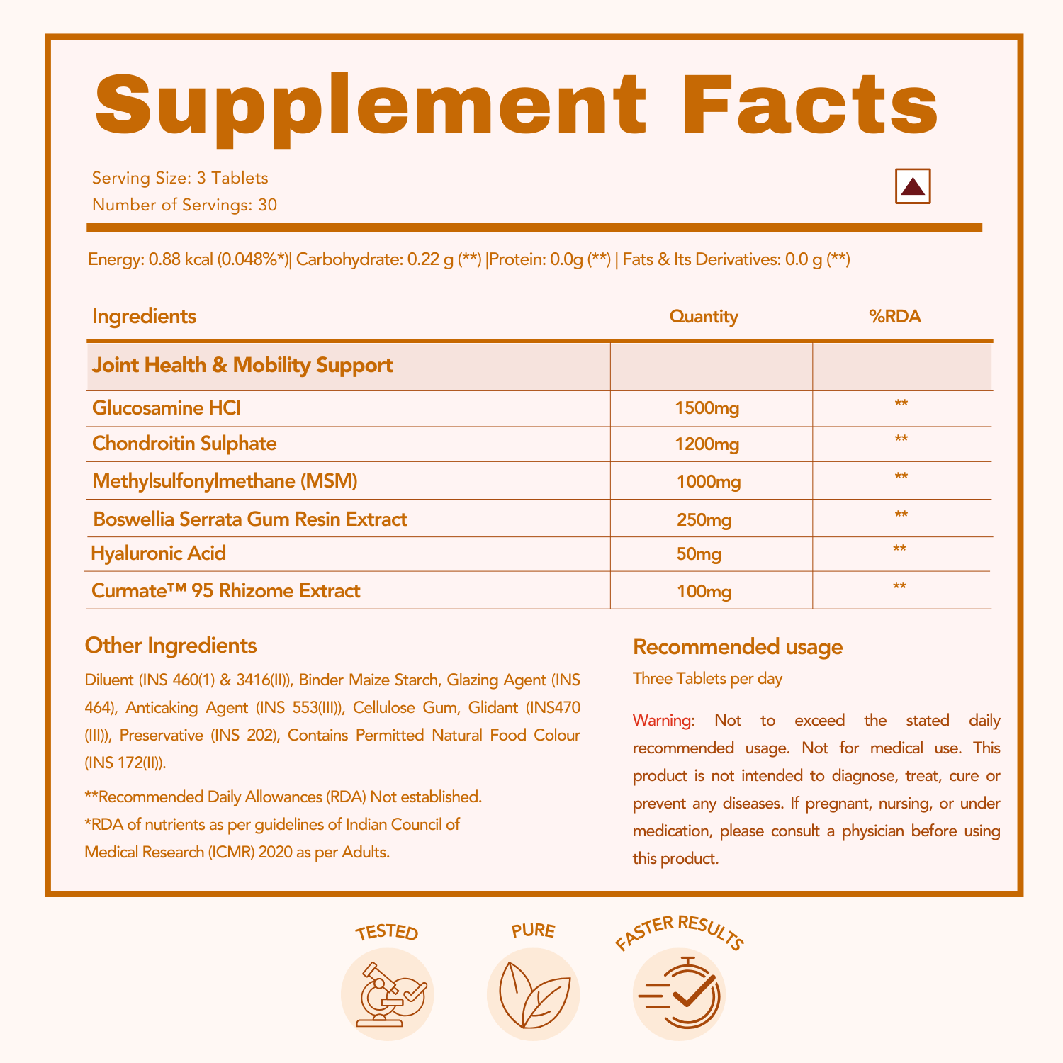 Supplement Facts table for WishNew Wellness Joint Flex+ showing a serving size of 3 tablets and 30 servings per container. Highlights include key ingredients like Glucosamine HCI (1500mg), Chondroitin Sulphate (1200mg), MSM (1000mg), Boswellia Serrata Gum Resin Extract (250mg), Hyaluronic Acid (50mg), and Curmate™ 95 Rhizome Extract (100mg). Additional details include recommended usage (three tablets per day) and a disclaimer for medical advice. Symbols at the bottom indicate the product is tested, pure, an