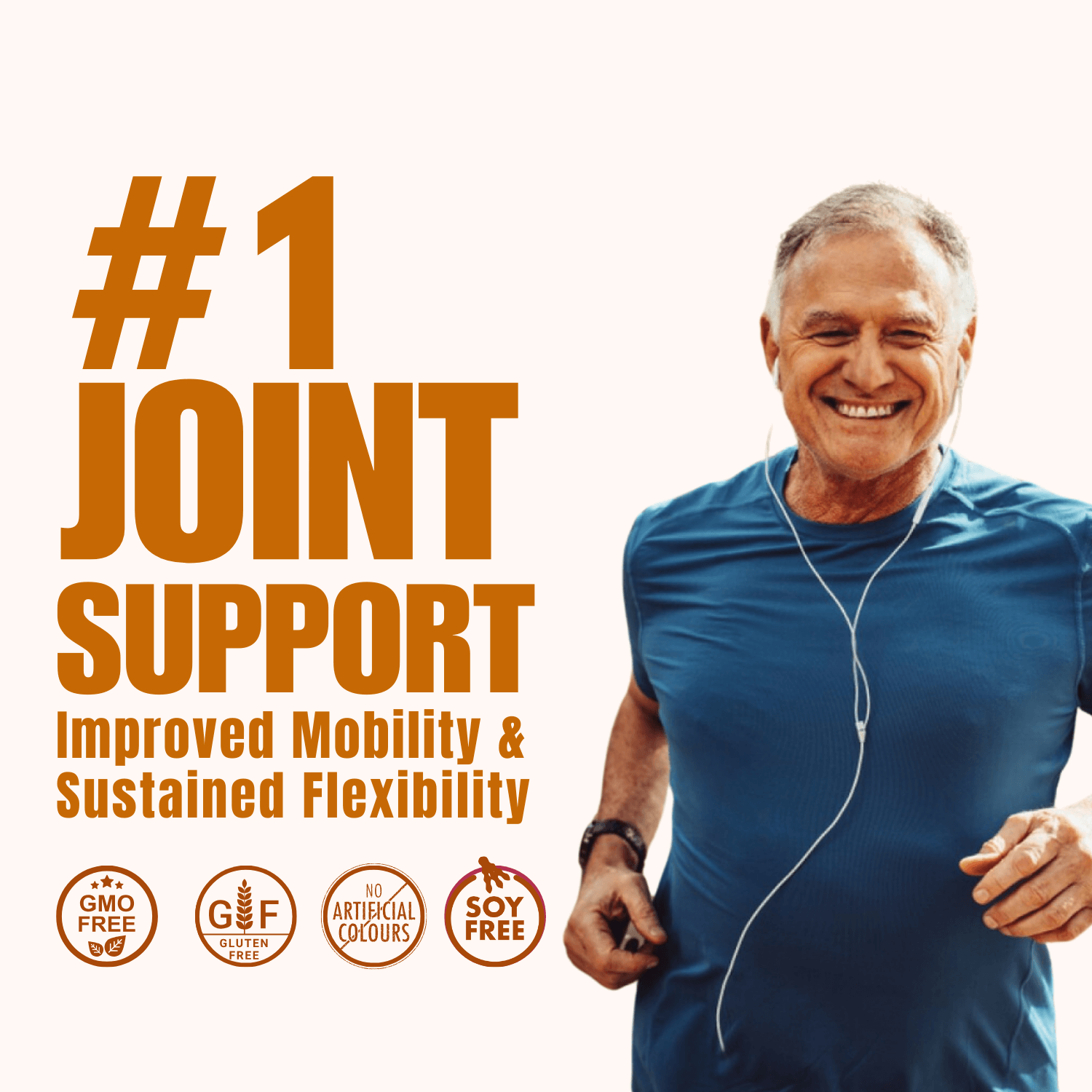 Image promoting WishNew Wellness Joint Flex+ as the #1 Joint Support solution. Features a smiling older man jogging, symbolizing improved mobility and sustained flexibility. Text highlights benefits like 'GMO-Free,' 'Gluten-Free,' 'No Artificial Colours,' and 'Soy-Free.' Set against a clean beige background with bold orange text for emphasis