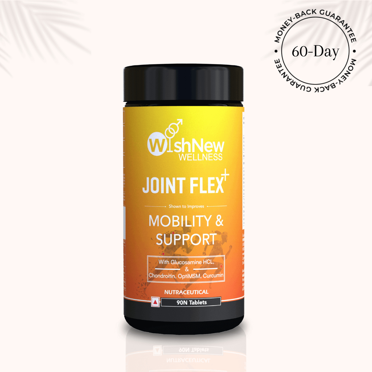 WishNew Wellness Joint Flex+ supplement bottle with a vibrant orange label, featuring key benefits of mobility and support, enriched with Glucosamine HCL, Chondroitin, OptiMSM, and Curcumin. The label highlights a 60-day money-back guarantee and contains 90 tablets for joint health.