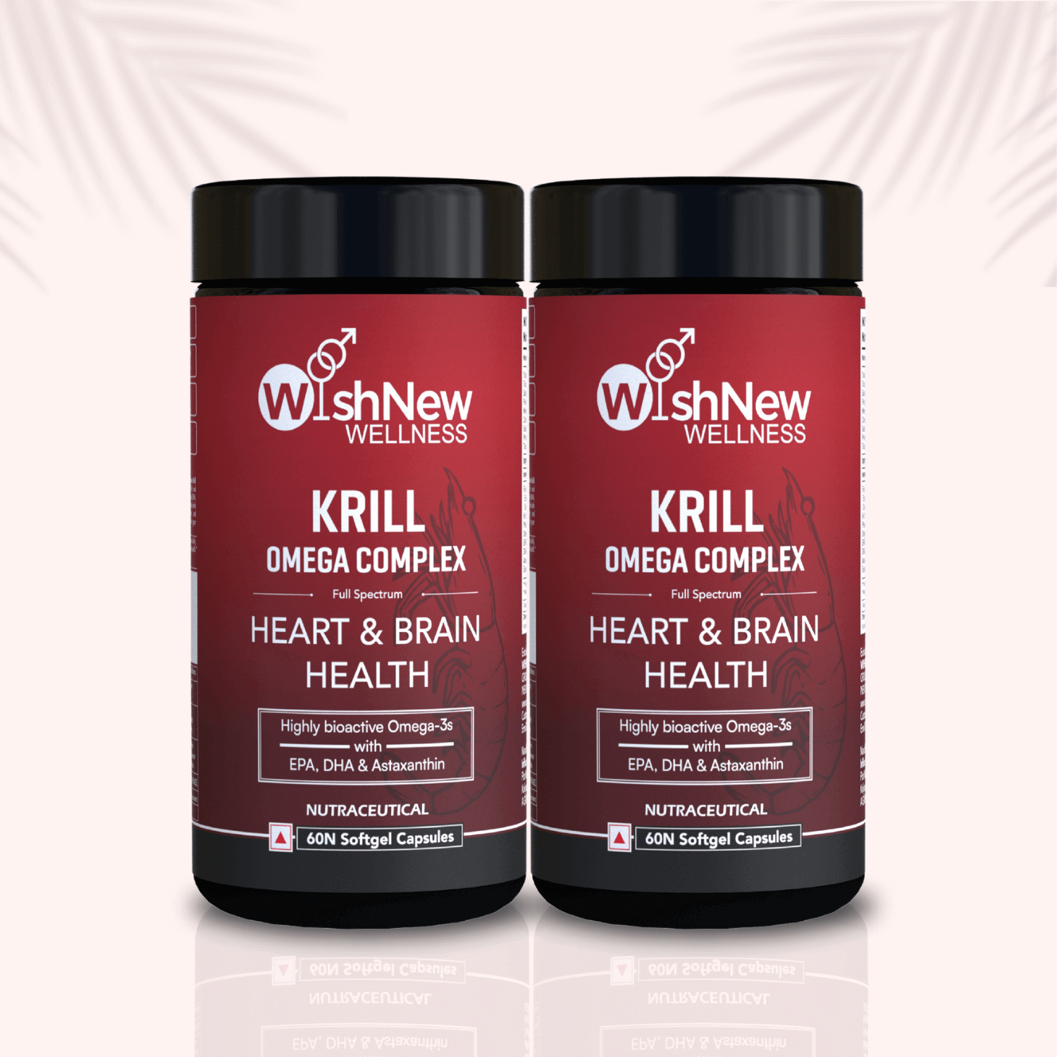 Image showcases two bottles of WishNew Wellness Krill Omega Complex. Highlighting its highly bioactive Omega-3s with EPA, DHA, and Astaxanthin, this supplement supports heart and brain health. Ideal for promoting overall well-being and vitality.