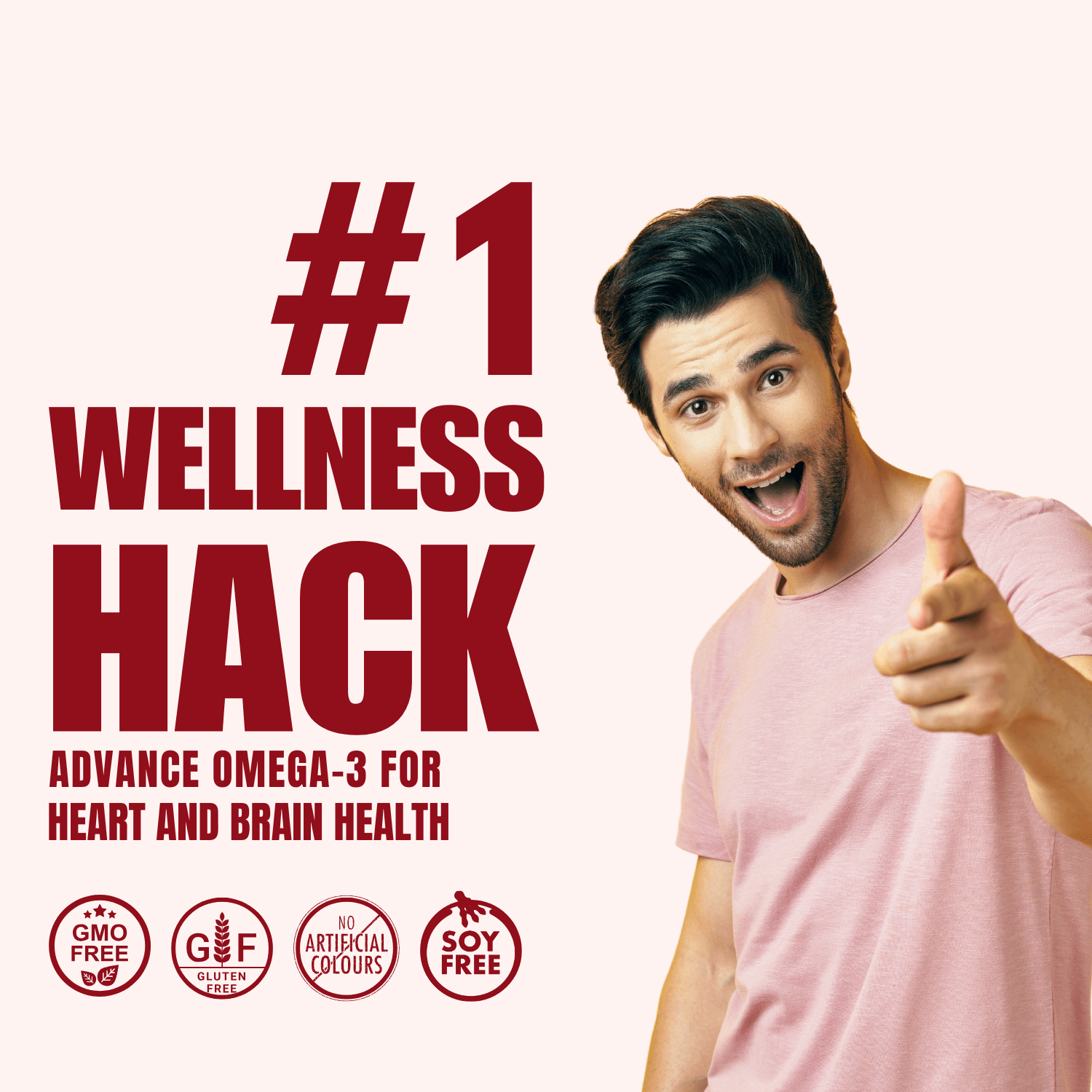 Promotional banner for the '#1 Wellness Hack,' featuring advanced Omega-3 benefits for heart and brain health. The image includes a smiling, enthusiastic man pointing towards the viewer, along with icons highlighting key product features: GMO-Free, Gluten-Free, No Artificial Colours, and Soy-Free. Bold red text emphasizes the wellness advantage.