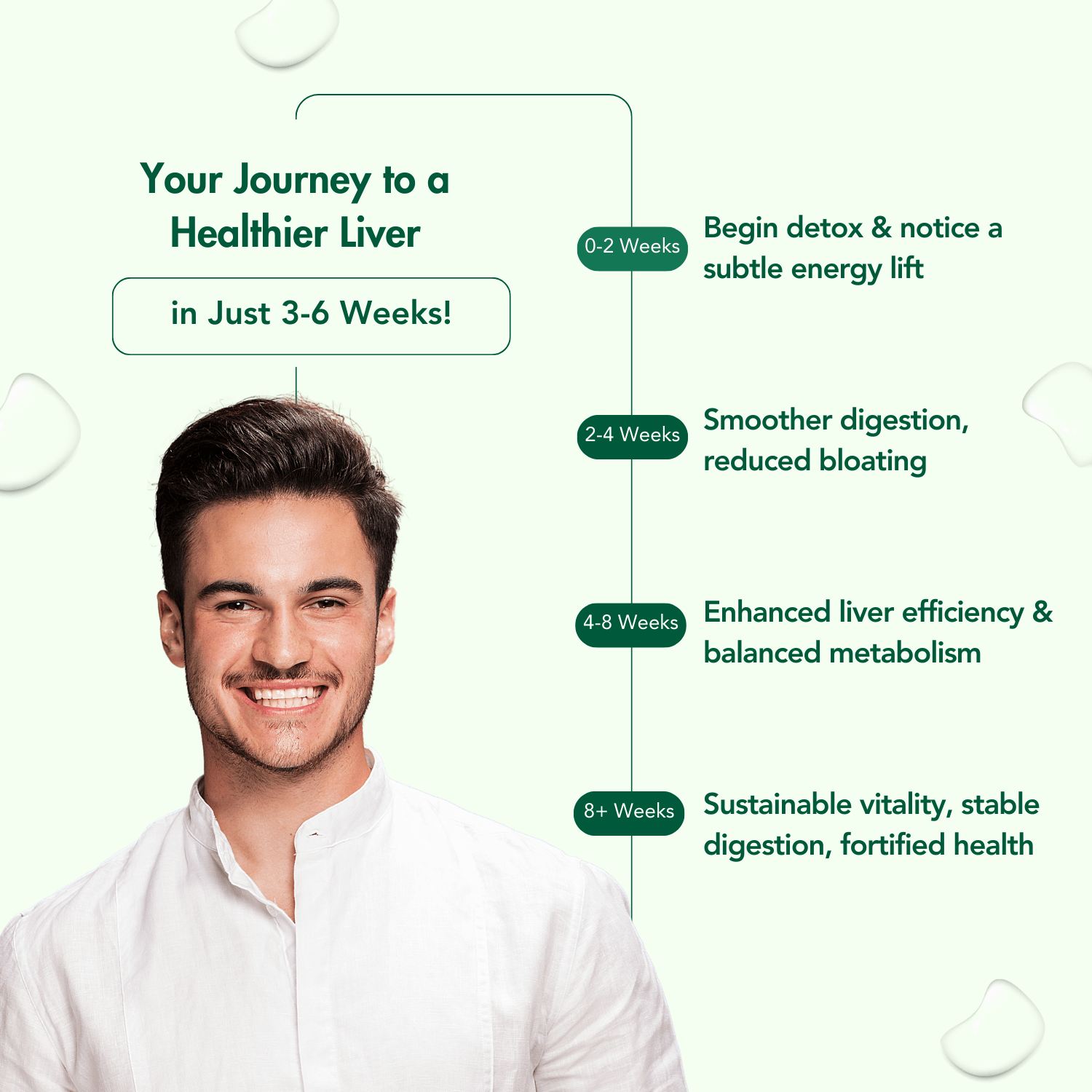 Timeline infographic titled 'Your Journey to a Healthier Liver in Just 3-6 Weeks!' showing progressive benefits of using WishNew Wellness Liver Care. Milestones include subtle energy lift at 0-2 weeks, smoother digestion and reduced bloating at 2-4 weeks, enhanced liver efficiency and balanced metabolism at 4-8 weeks, and sustainable vitality, stable digestion, and fortified health at 8+ weeks. Features a smiling individual on a light green background with a clean and engaging design.