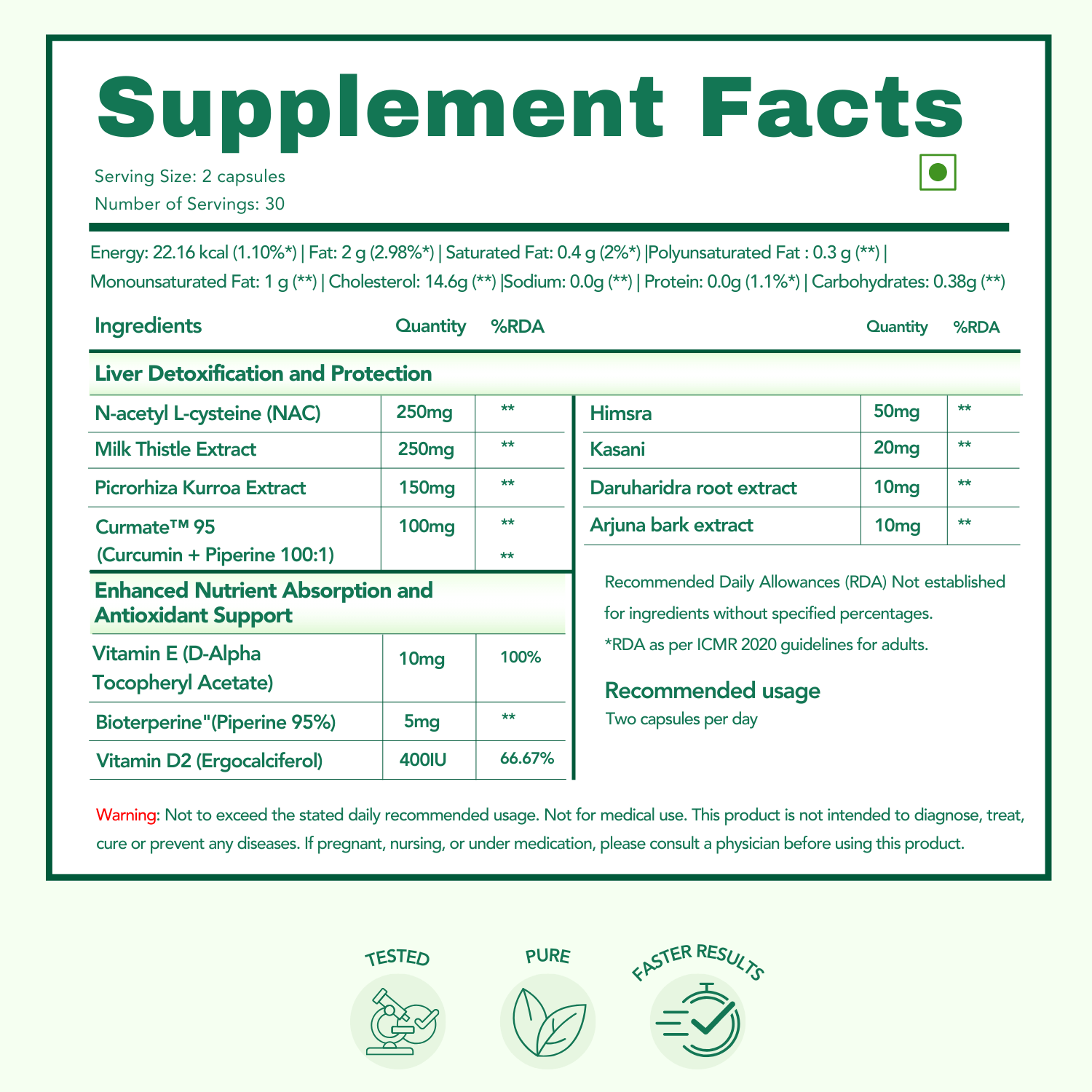 Supplement facts table for WishNew Wellness Liver Care. The table provides detailed information about ingredients per serving (2 capsules) and their respective quantities. Key ingredients include N-Acetyl L-Cysteine (250mg), Milk Thistle Extract (250mg), Picrorhiza Kurroa Extract (150mg), and Curmate™ 95 (100mg), among others, categorized under 'Liver Detoxification and Protection' and 'Enhanced Nutrient Absorption and Antioxidant Support.' The energy content and macronutrient breakdown are listed at the to