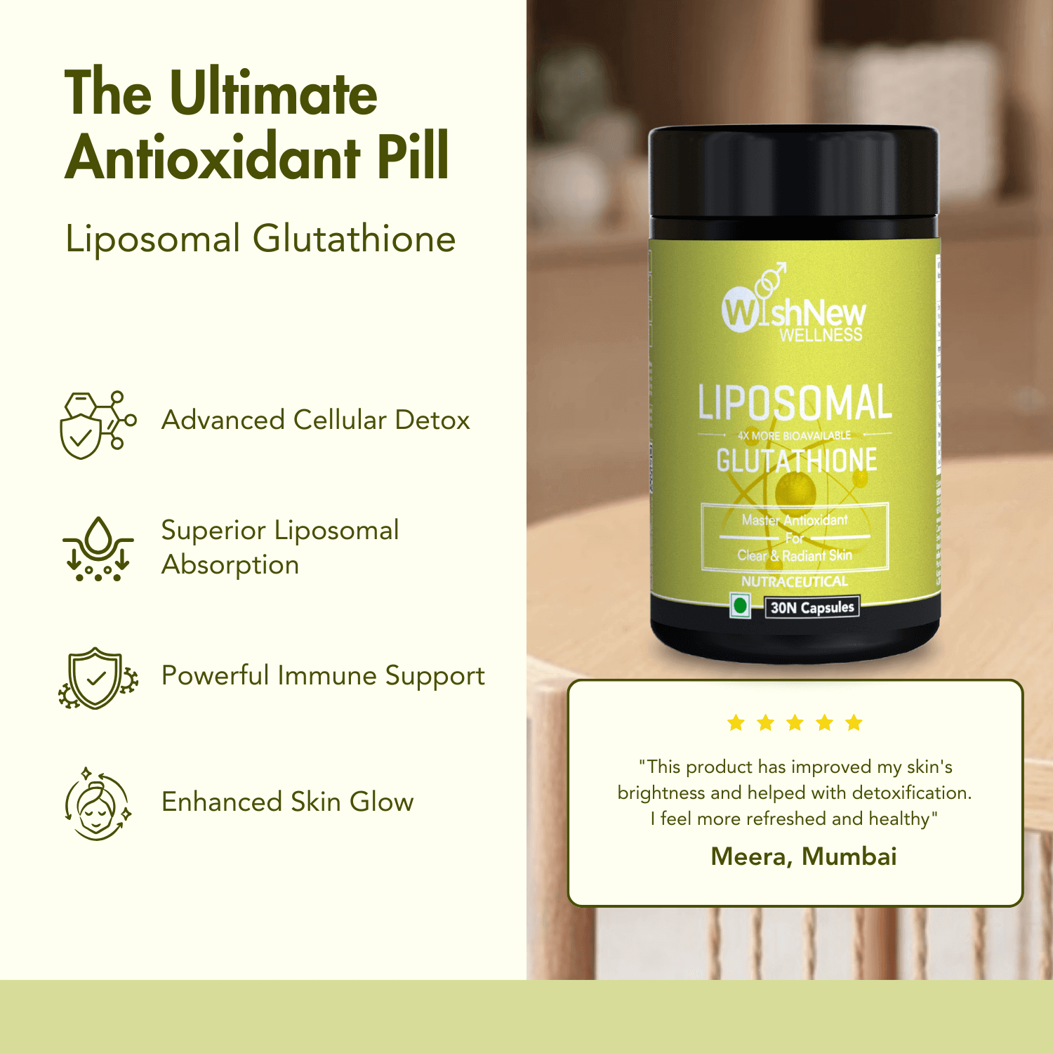 Promotional graphic for WishNew Wellness Liposomal Glutathione highlighting '400% More Skin Glow & Detox' effectiveness. Features a vibrant product image and emphasizes the advanced bioavailability of Liposomal Glutathione for radiant skin and detoxification benefits.