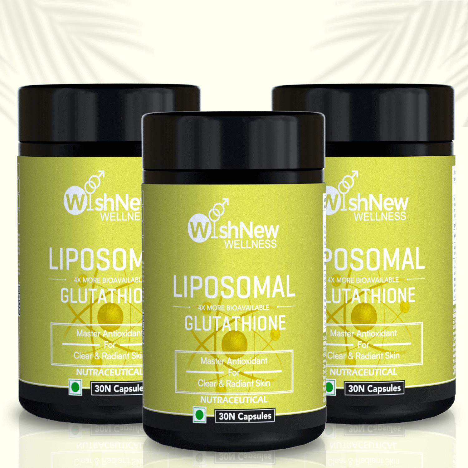  Image featuring three bottles of WishNew Wellness Liposomal Glutathione arranged side by side, showcasing its benefits as a master antioxidant for clear and radiant skin. Highlights its advanced bioavailability and premium formulation against a clean, minimalist background.