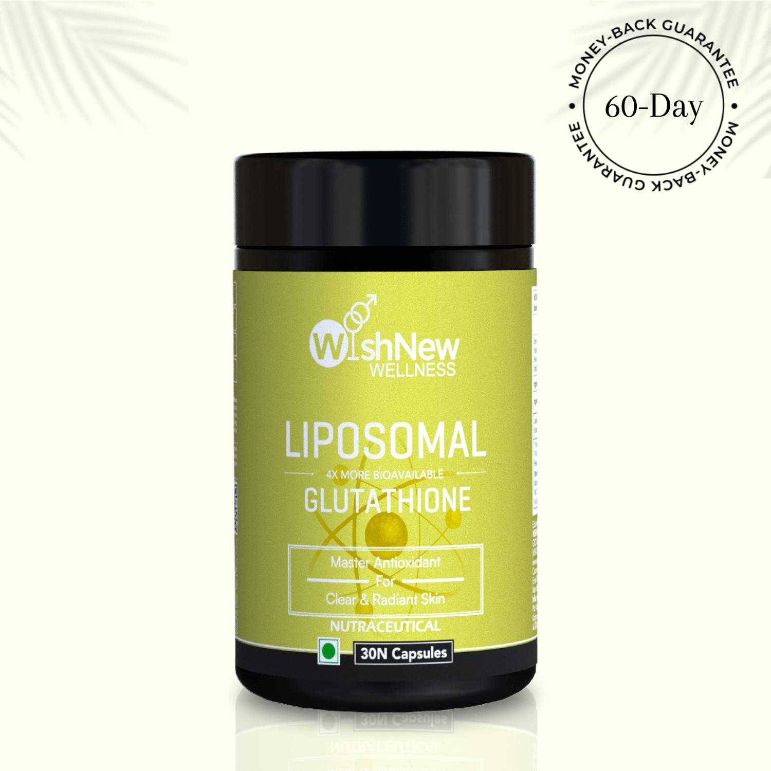 Image of WishNew Wellness Liposomal Glutathione supplement bottle with a bright yellow label, emphasizing 4x higher bioavailability. Promoted as the 'Master Antioxidant' for clear and radiant skin. The product includes 30 capsules and features a 60-day money-back guarantee badge.