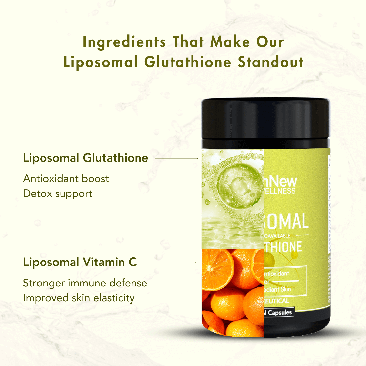 Graphic highlighting the key ingredients of WishNew Wellness Liposomal Glutathione, featuring Liposomal Glutathione for antioxidant boost and detox support, and Liposomal Vitamin C for stronger immune defense and improved skin elasticity. Includes a vibrant product image with complementary visuals of key ingredients.