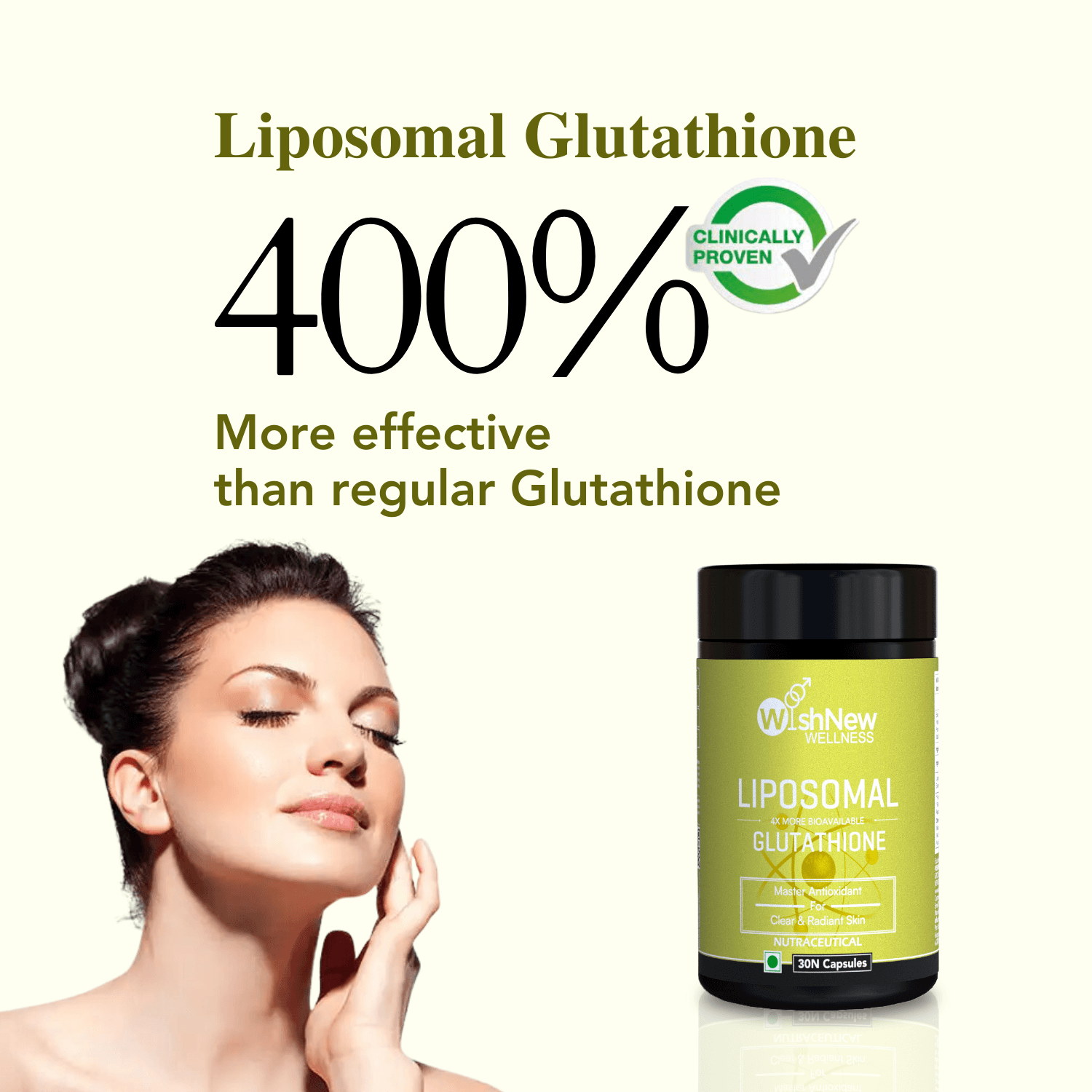 Promotional graphic for WishNew Wellness Liposomal Glutathione, emphasizing its clinically proven 400% higher effectiveness compared to regular Glutathione. Features a radiant woman symbolizing skin benefits and a product image showcasing its premium quality.