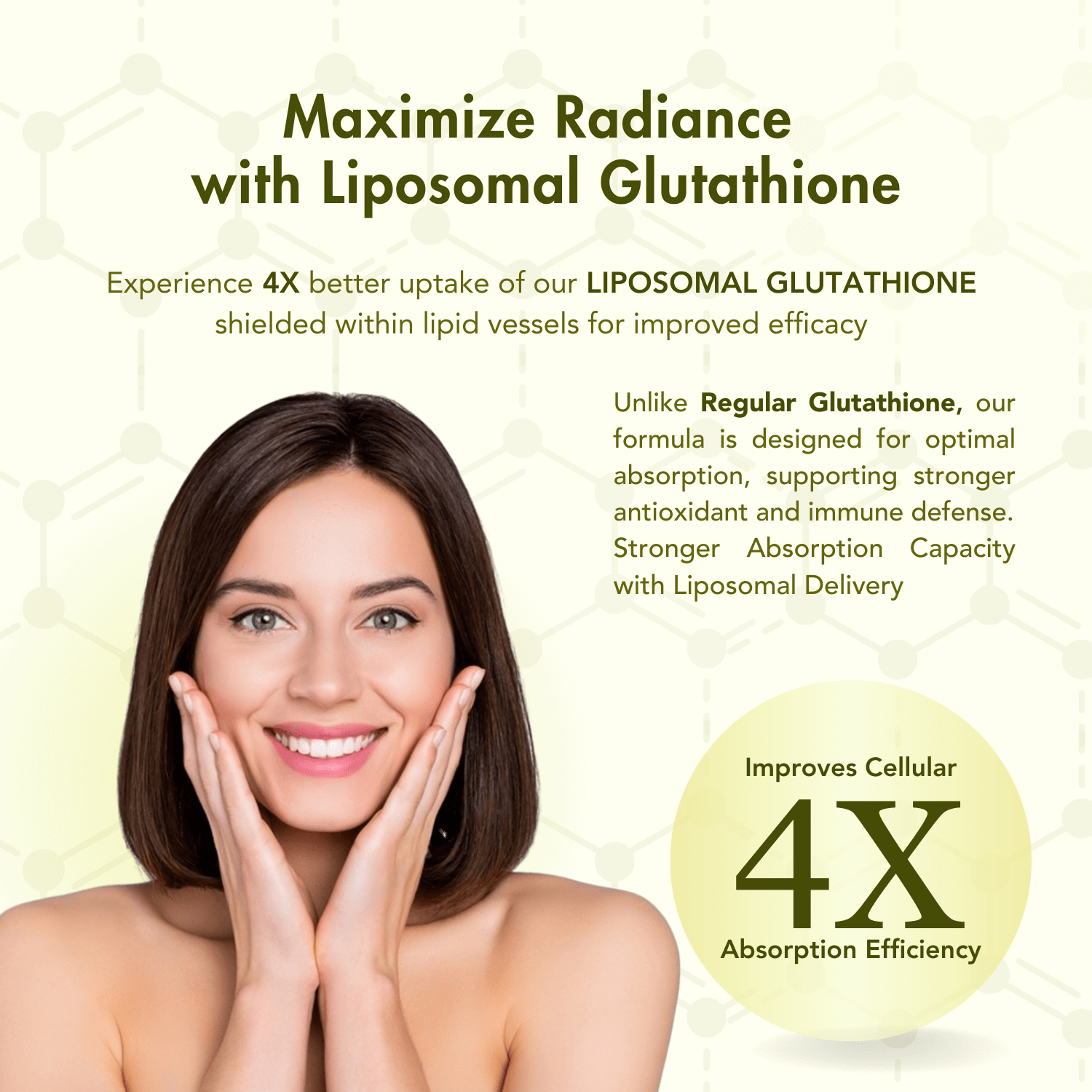 Promotional graphic for WishNew Wellness Liposomal Glutathione with the headline 'Maximize Radiance with Liposomal Glutathione.' Highlights 4x better uptake through lipid vessel shielding for improved efficacy. Includes benefits such as enhanced absorption, stronger antioxidant and immune defense, and improved cellular efficiency. Features a smiling woman symbolizing radiant skin and wellness.