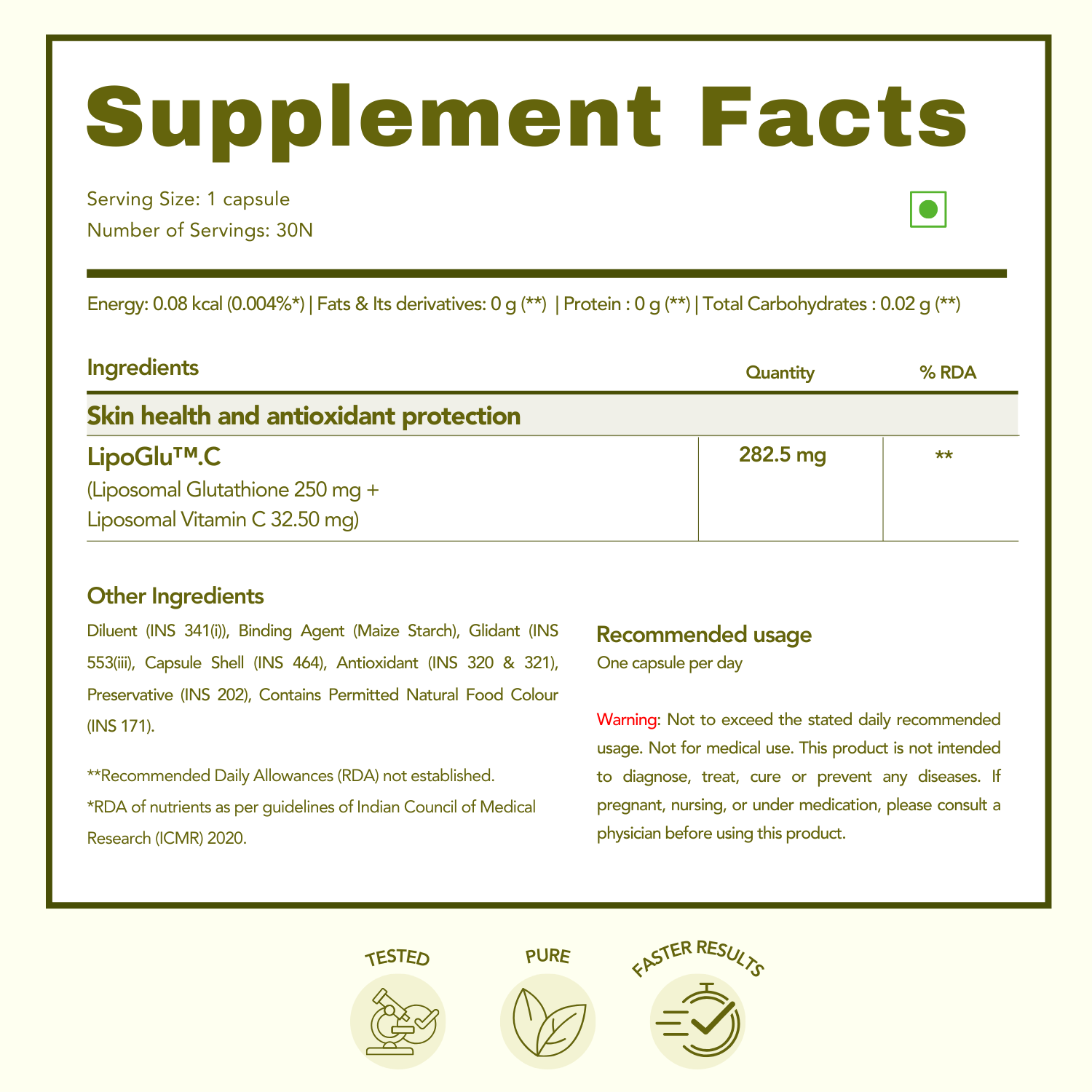 Supplement Facts label for WishNew Wellness Liposomal Glutathione, detailing a serving size of 1 capsule (30 servings per container). Highlights include LipoGlu™.C with Liposomal Glutathione (250 mg) and Liposomal Vitamin C (32.50 mg) for skin health and antioxidant protection. Additional information includes other ingredients, recommended usage (one capsule per day), and a warning note. Features icons for tested, pure, and faster results, emphasizing product quality and effectiveness.