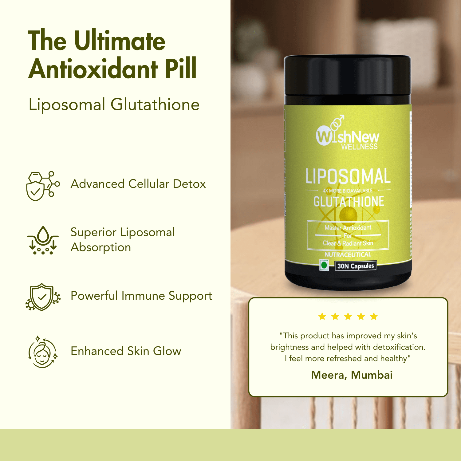 Promotional graphic for WishNew Wellness Liposomal Glutathione with the headline 'The Perfect Glutathione Doesn’t Exi...' Highlights benefits such as reducing signs of aging and promoting skin radiance with advanced liposomal technology, supporting detoxification and immune system health, and enhancing cellular health for a vibrant and youthful glow. Features a tilted product image for a dynamic design.