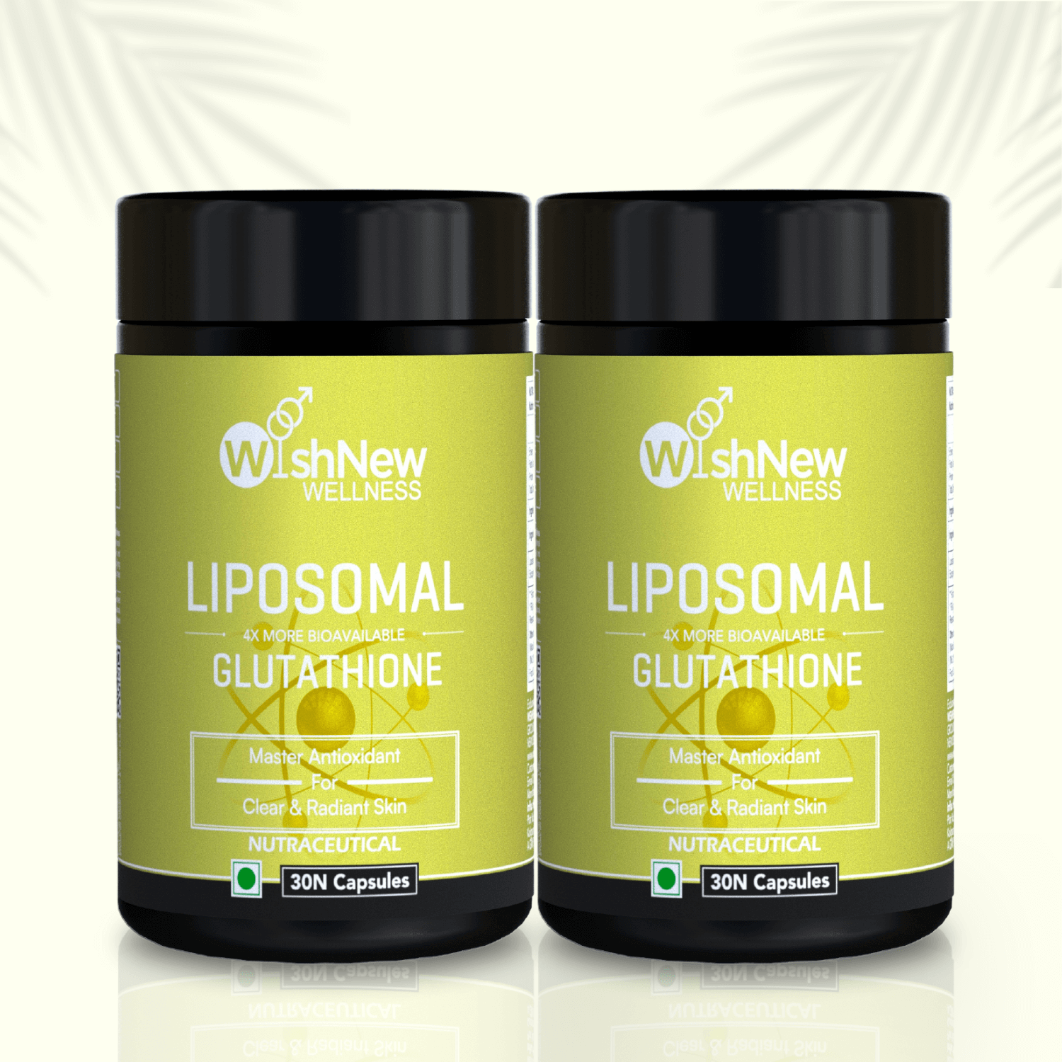 Image featuring two bottles of WishNew Wellness Liposomal Glutathione placed side by side, showcasing its benefits as a master antioxidant for clear and radiant skin. The design highlights its advanced bioavailability and premium formulation, set against a clean and neutral background.