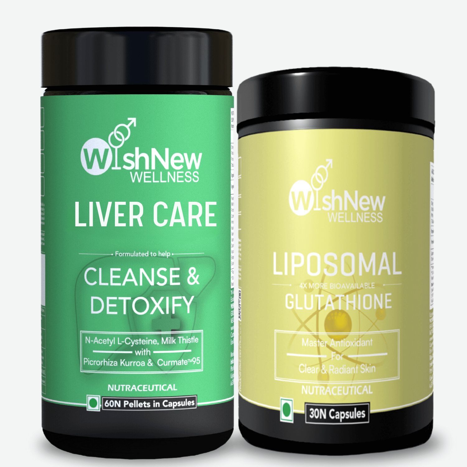 Two WishNew Wellness products: 'Liver Care' supplement for cleanse and detoxify, featuring ingredients like Milk Thistle and NAC; and 'Liposomal Glutathione' for antioxidant support, aimed at clear and radiant skin.