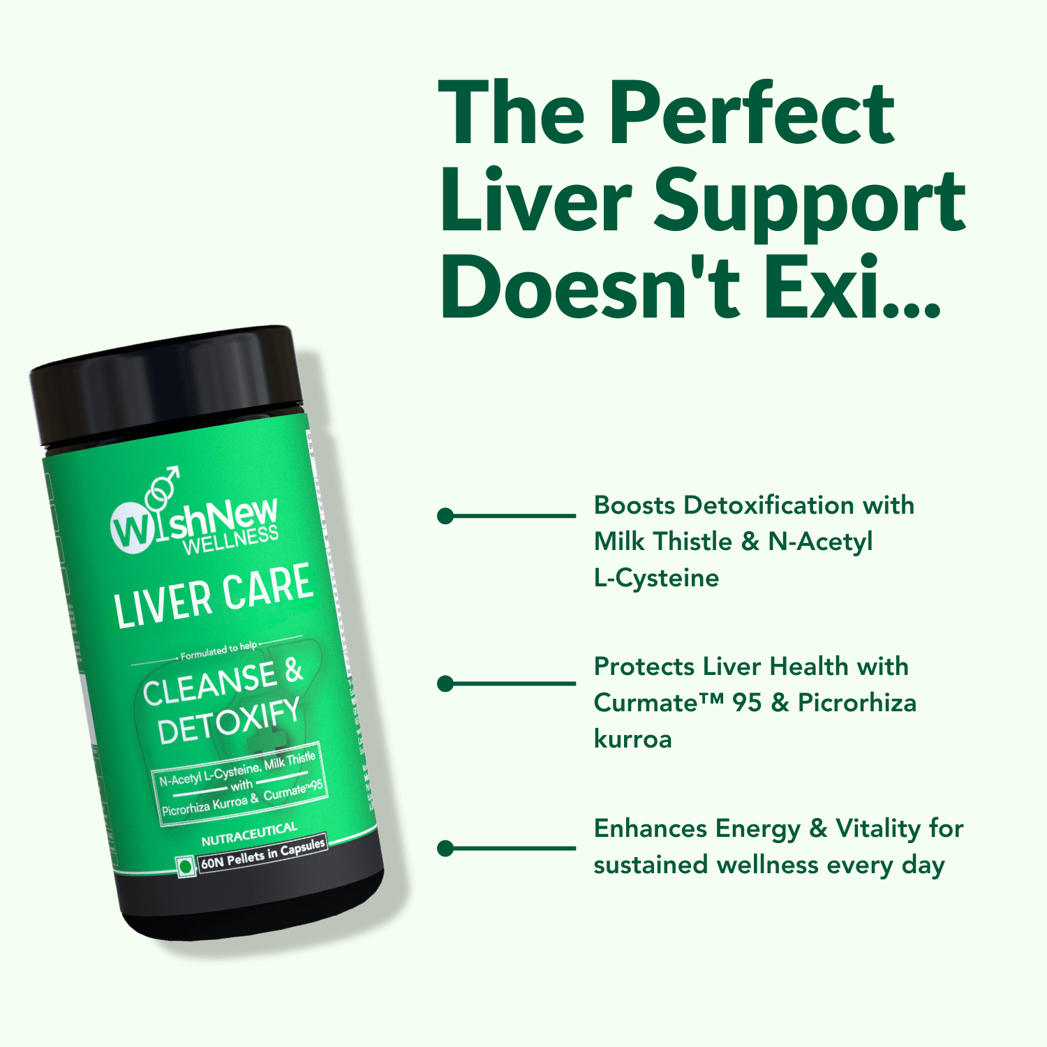 Graphic for WishNew Wellness Liver Care supplement. Emphasizes its benefits, including detoxification with Milk Thistle and N-Acetyl L-Cysteine, liver protection through Curmate™ 95 and Picrorhiza Kurroa, and enhanced energy and vitality for daily wellness.