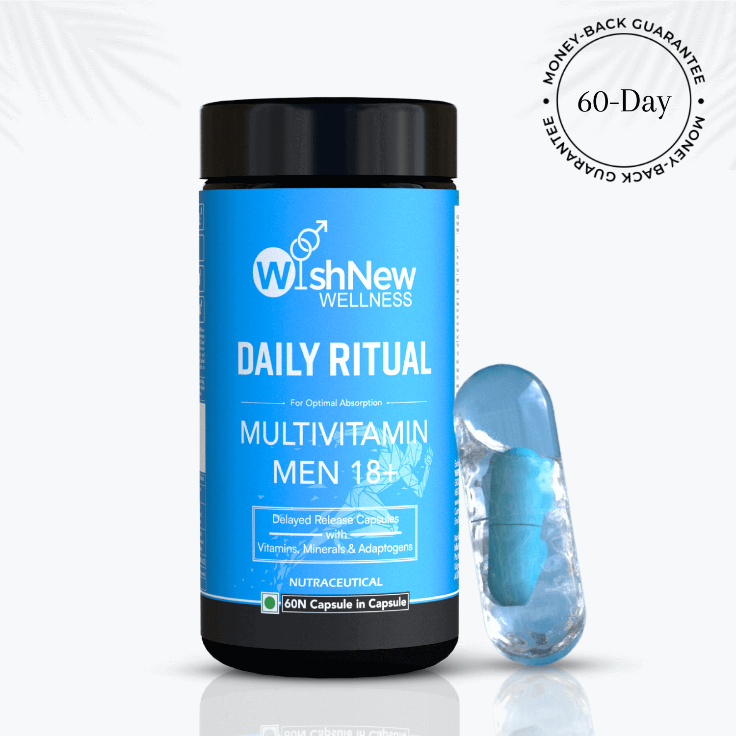 The image shows a container of WishNew Wellness Daily Ritual Multivitamin for Men 18+, with blue packaging. It features delayed-release capsules designed for optimal absorption, containing vitamins, minerals, and adaptogens. A "60-Day Money-Back Guarantee" badge is visible in the top right corner, with a close-up of a capsule beside the container.