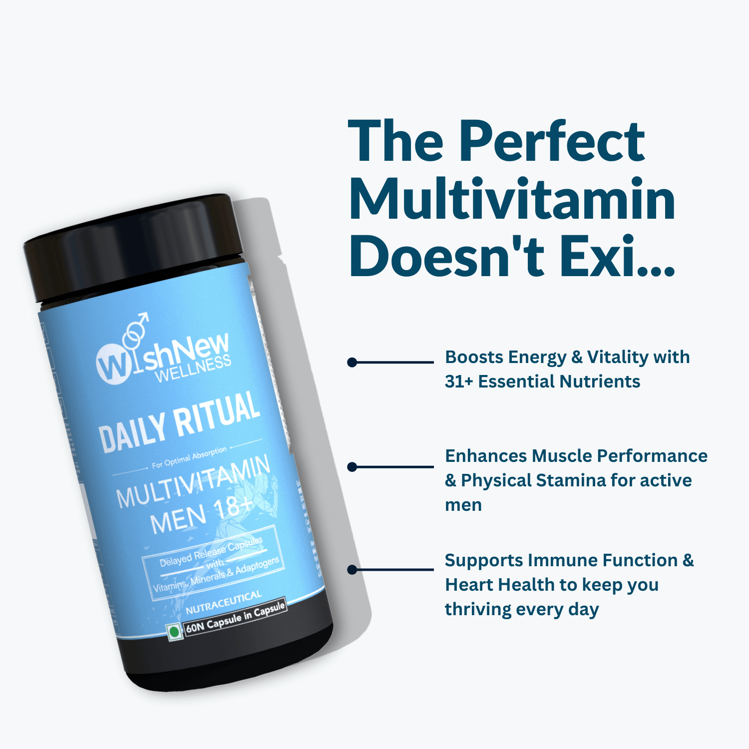 Promotional graphic for WishNew Wellness Daily Ritual Multivitamin Men 18+. The headline reads, 'The Perfect Multivitamin Doesn't Exi...' followed by benefits: 'Boosts Energy & Vitality with 31+ Essential Nutrients,' 'Enhances Muscle Performance & Physical Stamina for active men,' and 'Supports Immune Function & Heart Health to keep you thriving every day.' The product bottle is prominently displayed on the left with a sleek design.