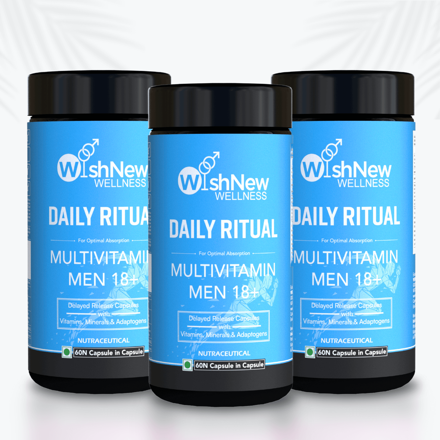 Image showcasing three bottles of WishNew Wellness Daily Ritual Multivitamin Men 18+, arranged in a triangular formation against a light background with subtle leaf patterns. The product highlights include 'Delayed Release Capsules with Vitamins, Minerals & Adaptogens,' with each bottle containing 60 capsules.