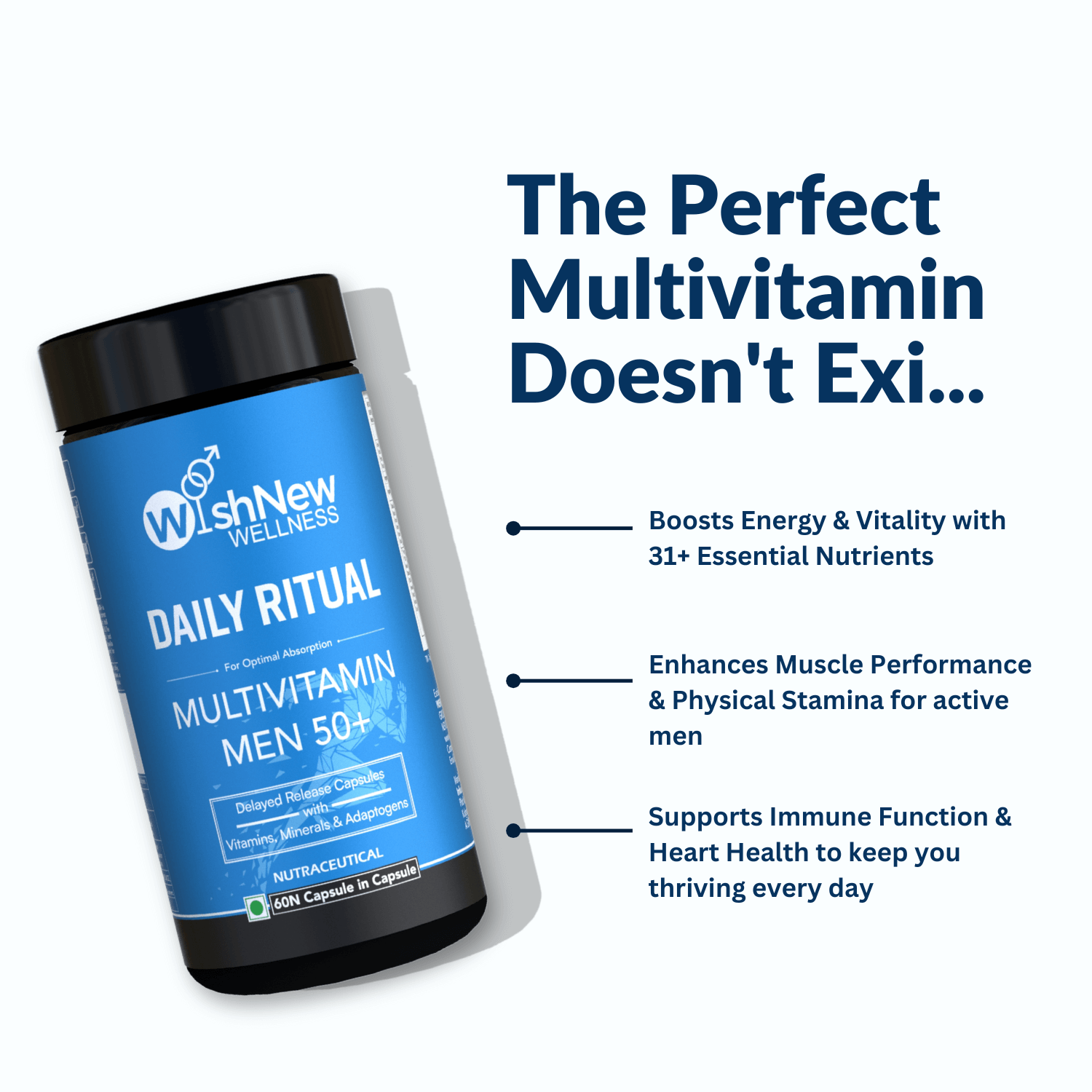 A promotional graphic for WishNew Wellness Daily Ritual Multivitamin Men 50+ with the headline "The Perfect Multivitamin Doesn't Exi..." The benefits listed include "Boosts Energy & Vitality with 31+ Essential Nutrients," "Enhances Muscle Performance & Physical Stamina," and "Supports Immune Function & Heart Health." The product bottle is displayed tilted, emphasizing its premium quality.