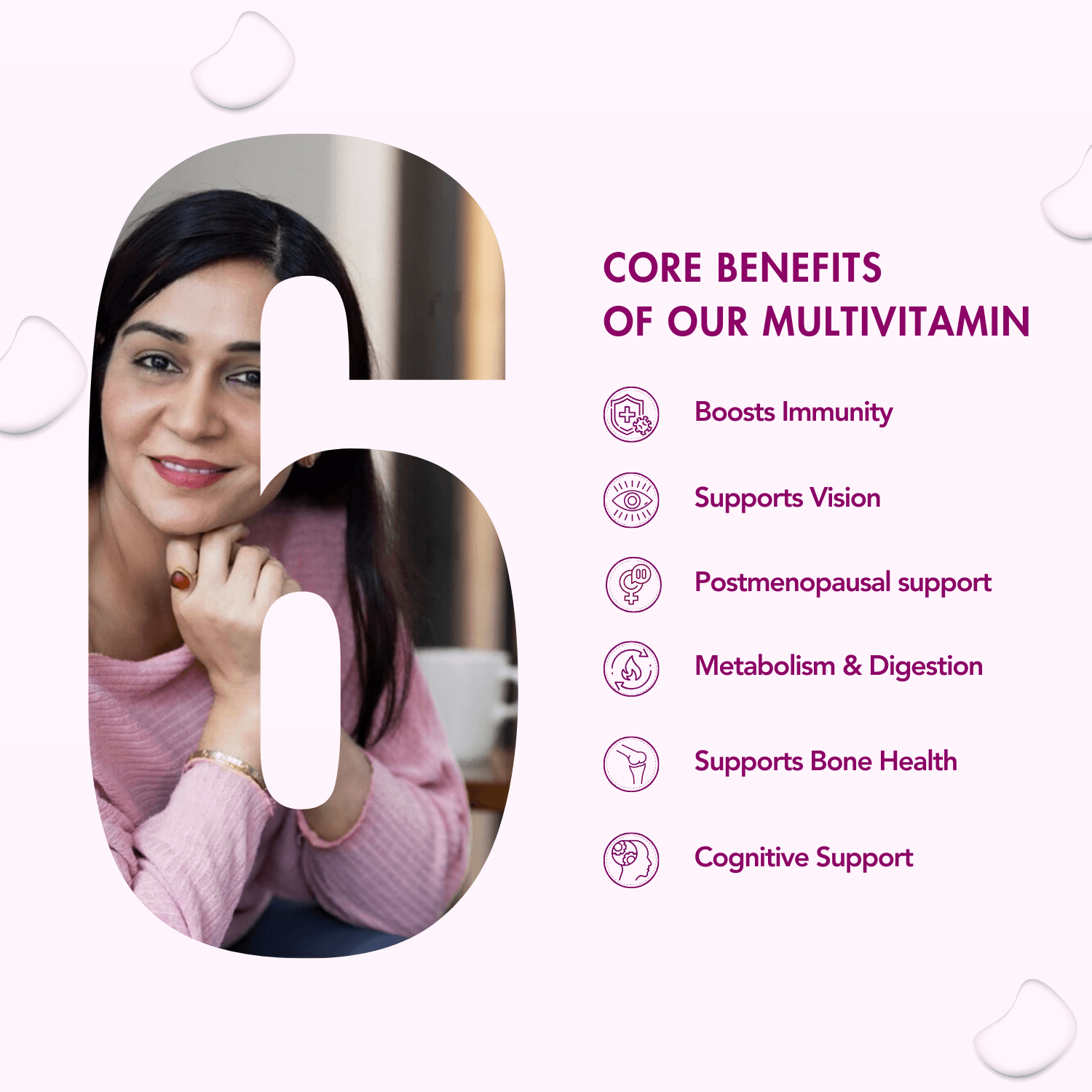 Visual highlighting the 6 core benefits of the multivitamin, including boosting immunity, supporting vision, postmenopausal support, enhancing metabolism and digestion, supporting bone health, and providing cognitive support, with an image of a smiling woman in the background integrated into the design.