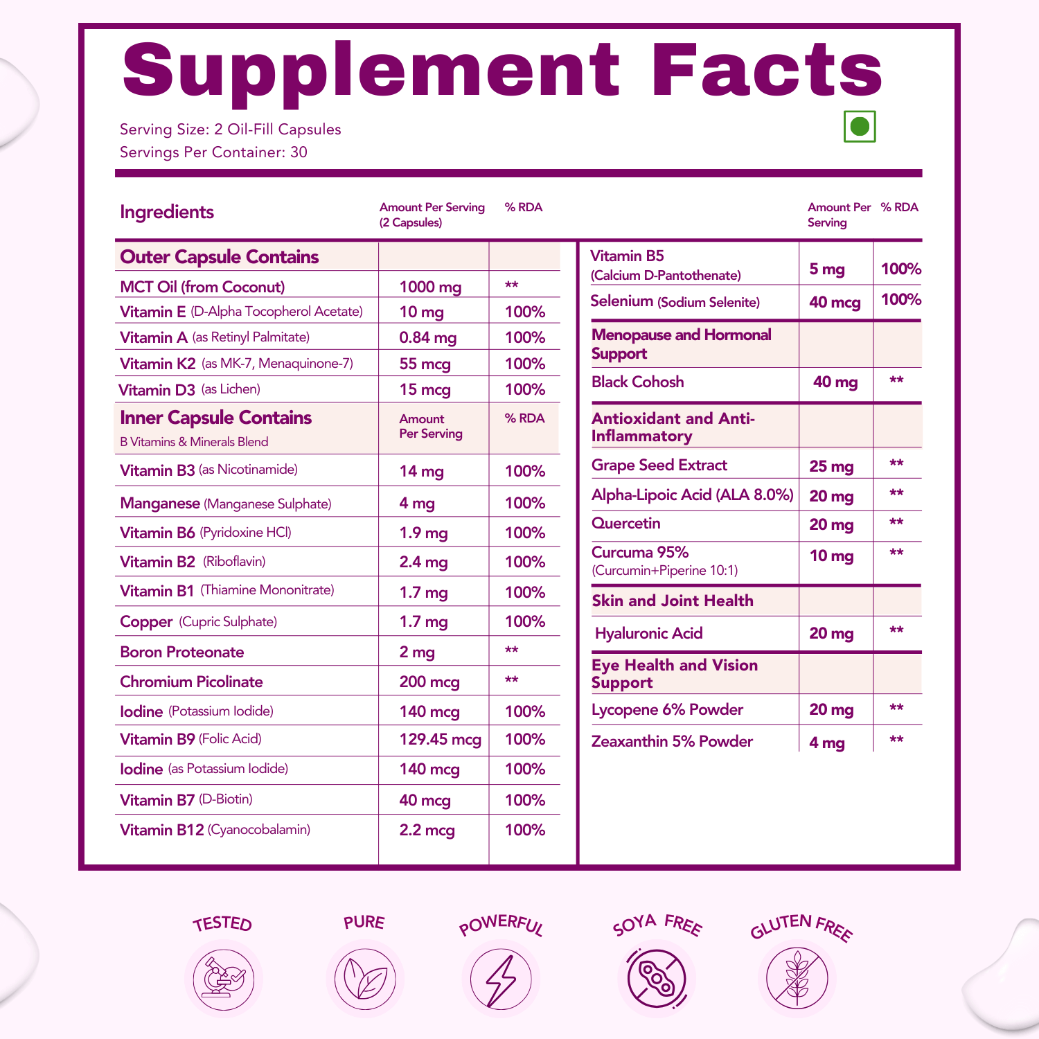 Supplement facts table for a multivitamin product, detailing the ingredients and their amounts in both the outer and inner capsules, including MCT oil, vitamins (A, D3, K2, E, B-complex), minerals, and additional nutrients like Black Cohosh, Grape Seed Extract, Curcumin, and Zeaxanthin. Icons at the bottom emphasize the product's qualities: tested, pure, powerful, soy-free, and gluten-free.