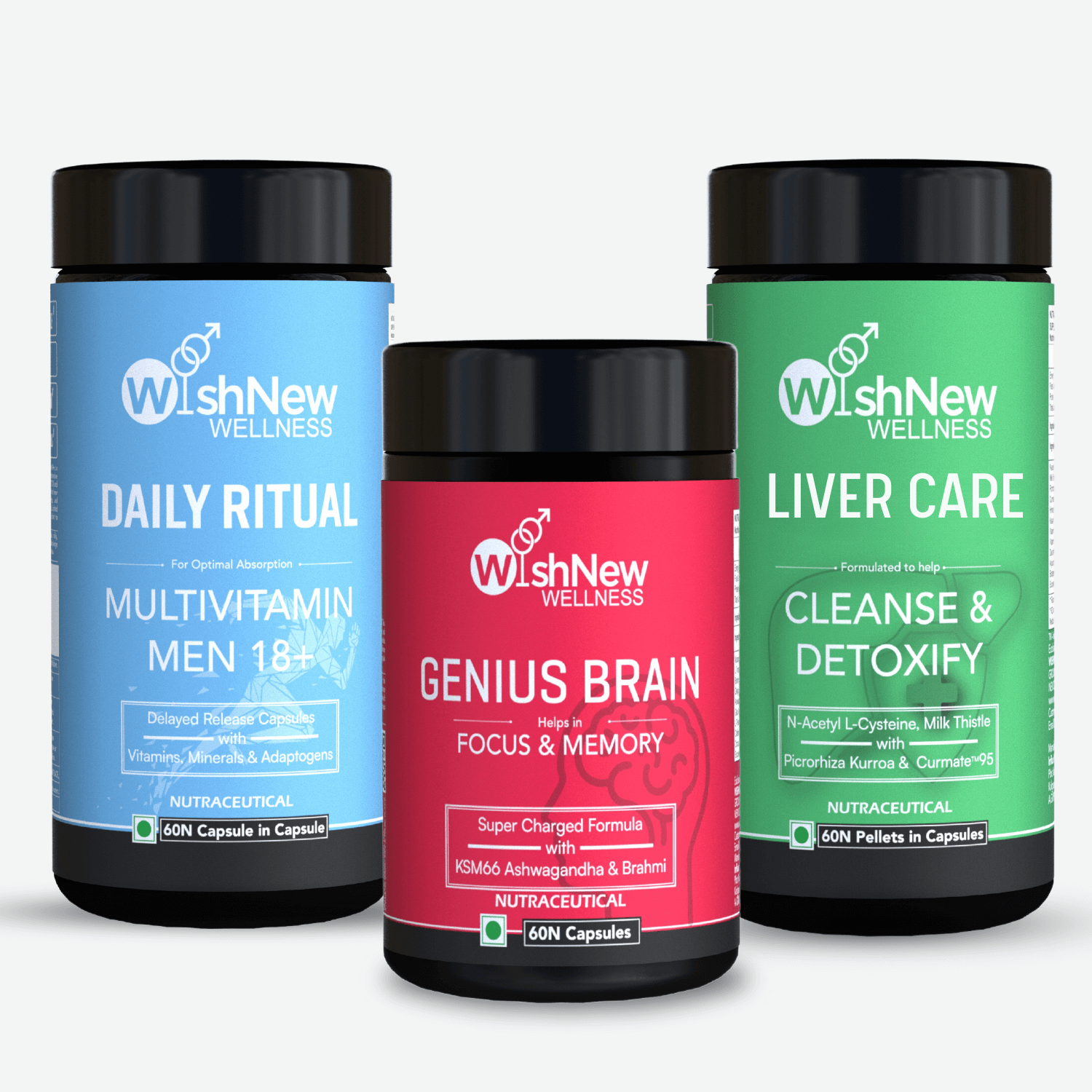 Three WishNew Wellness products: 'Daily Ritual Multivitamin Men 18+' for optimal absorption with vitamins and adaptogens; 'Genius Brain' for focus and memory enhancement with KSM66 Ashwagandha and Brahmi; and 'Liver Care' for cleanse and detoxify with Milk Thistle, NAC, and Curcumin.