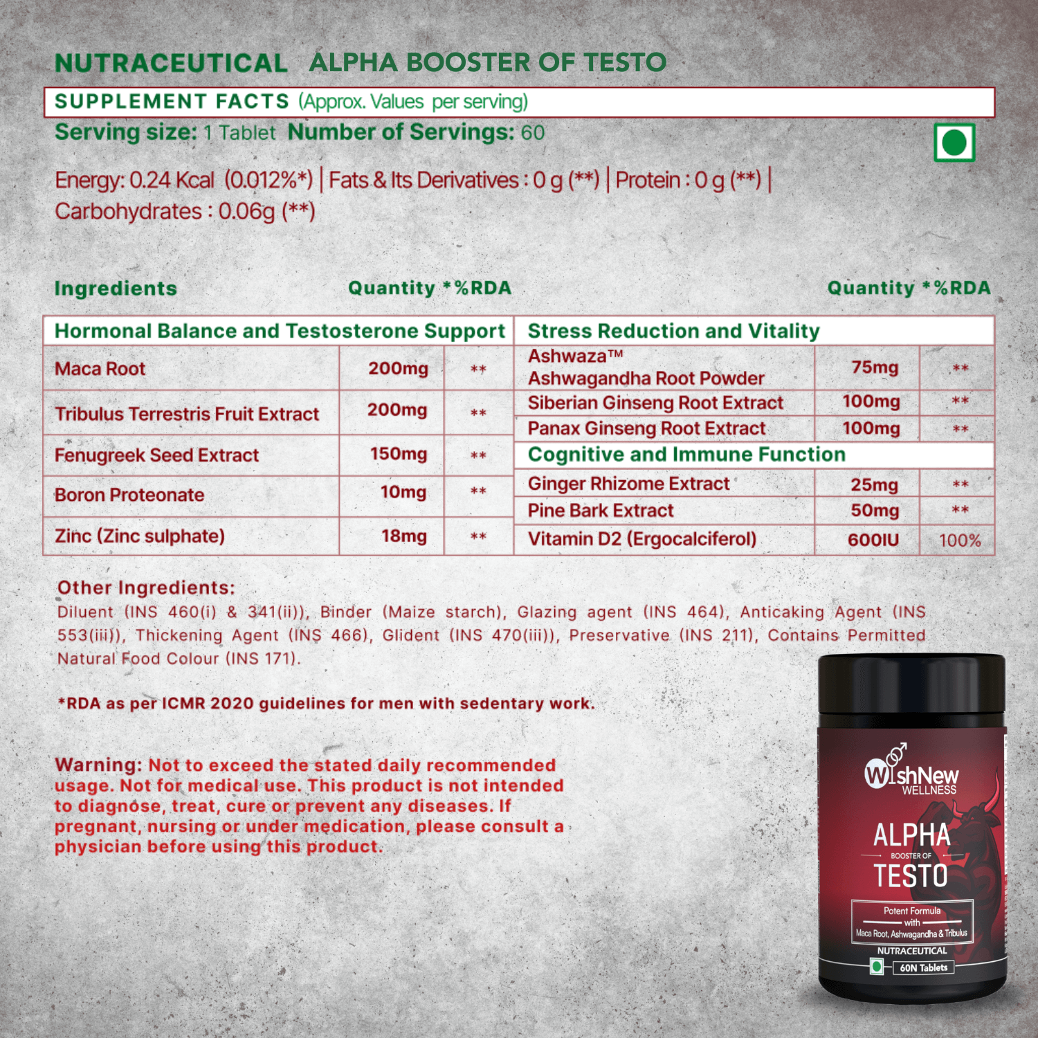 Supplement facts highlighting Maca Root, Ashwagandha, Fenugreek, Ginseng, Vitamin D2, and Zinc, with a health warning.