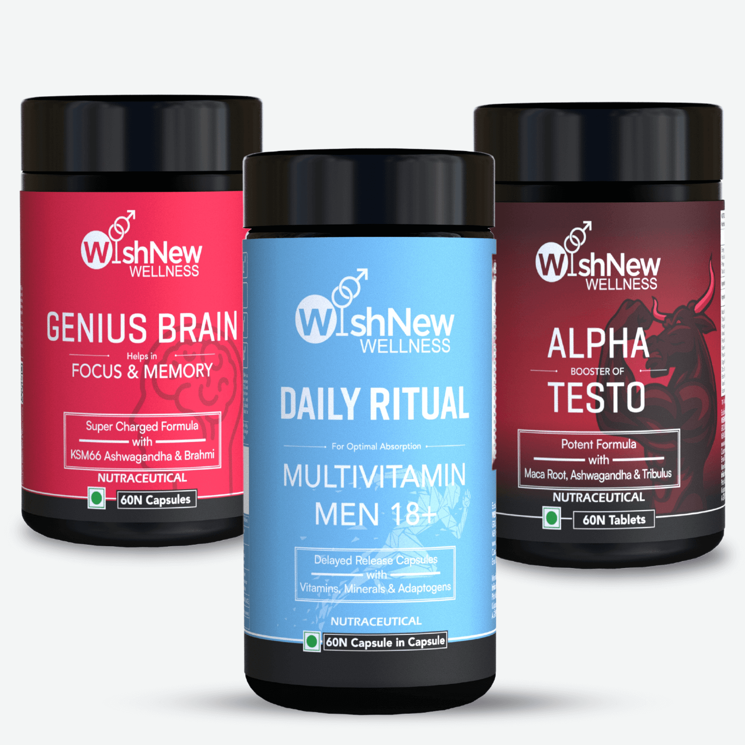 Three WishNew Wellness products: 'Genius Brain' for focus and memory support with KSM66 Ashwagandha and Brahmi, 'Daily Ritual Multivitamin Men 18+' for optimal absorption, and 'Alpha Booster of Testo' for testosterone support with Maca Root, Ashwagandha, and Tribulus.