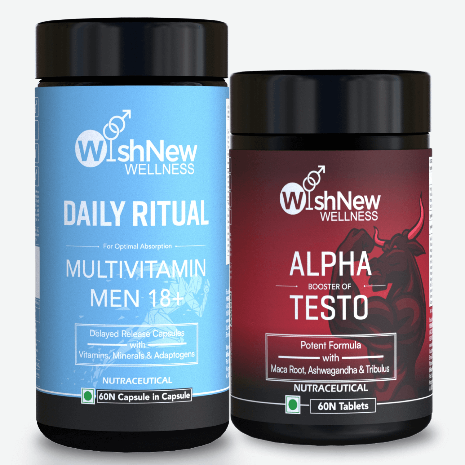 Two WishNew Wellness products: 'Daily Ritual Multivitamin Men 18+' for optimal absorption, featuring vitamins, minerals, and adaptogens; and 'Alpha Booster of Testo', a potent testosterone booster with Maca Root, Ashwagandha, and Tribulus