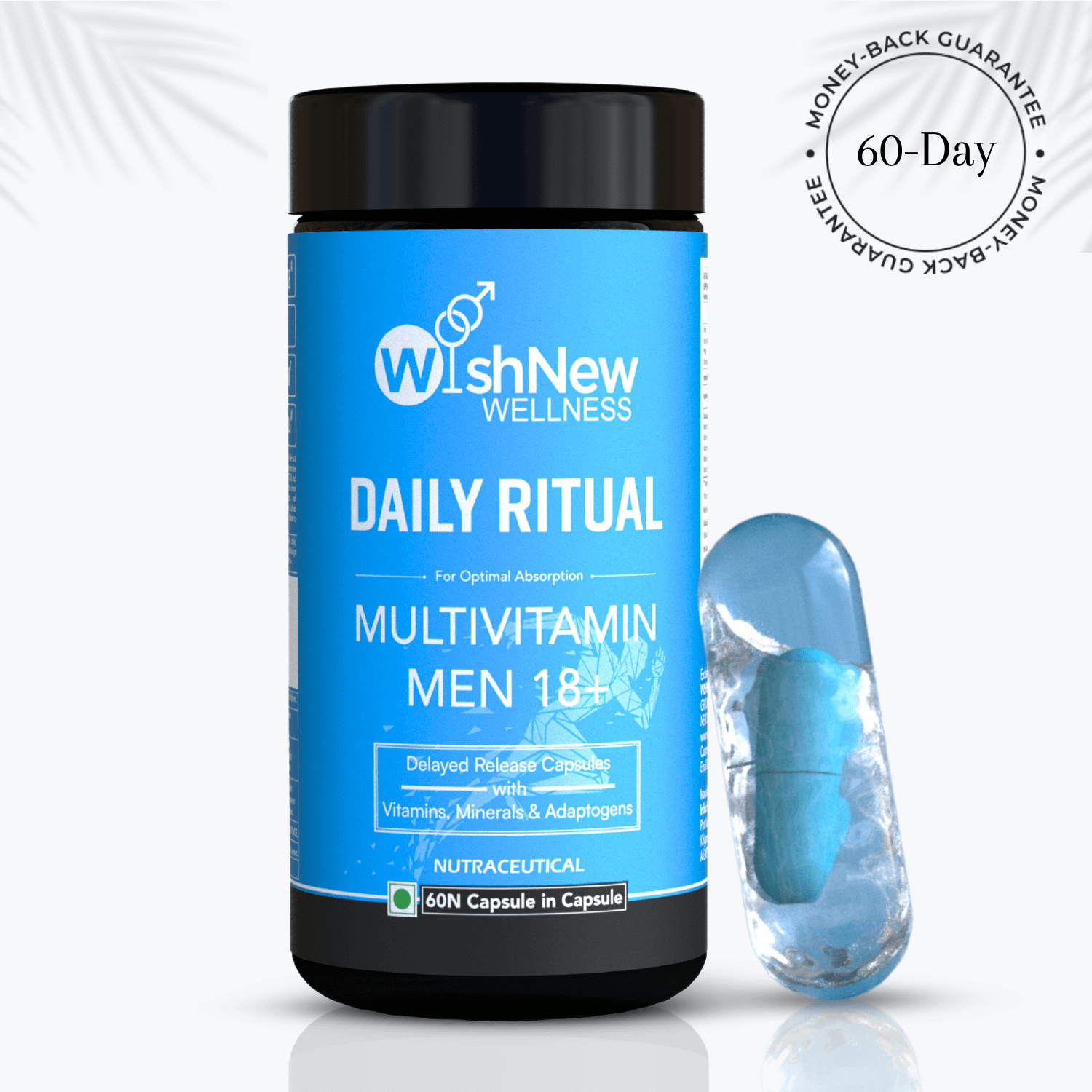 WishNew Wellness Daily Ritual Multivitamin for Men 18+ bottle, prominently displayed in blue and black packaging. The label highlights features like delayed-release capsules with vitamins, minerals, and adaptogens for optimal absorption. A close-up of the unique capsule-in-capsule design is shown alongside the bottle. The image includes a '60-Day Money-Back Guarantee' badge in the upper-right corner, and the background is clean with subtle palm leaf accents.